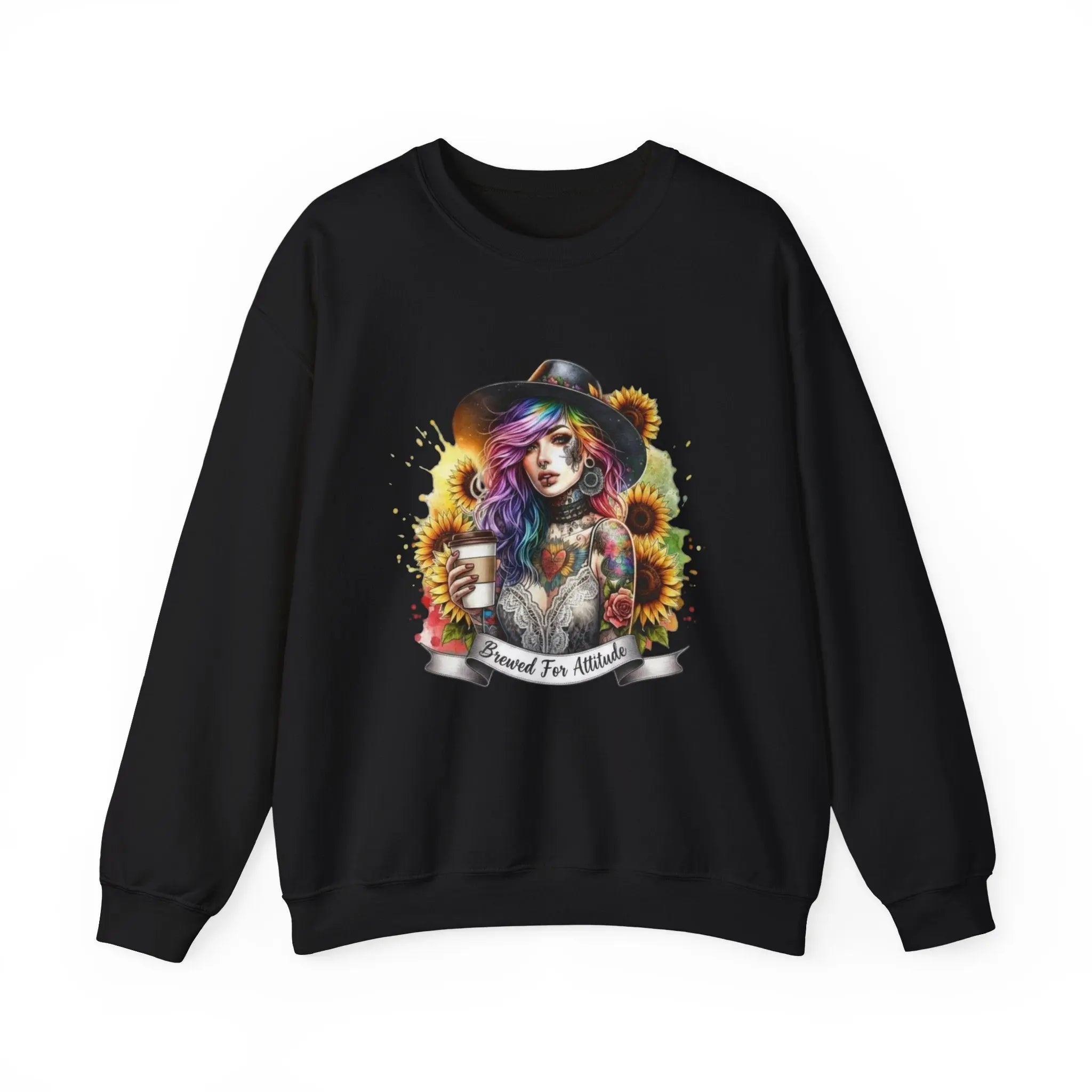 Brewed for Attitude Sunflower Sweatshirt, Cozy Unisex Crewneck, Gifts for Her, Trendy Fall Apparel, Tattoo Art Fashion Printify