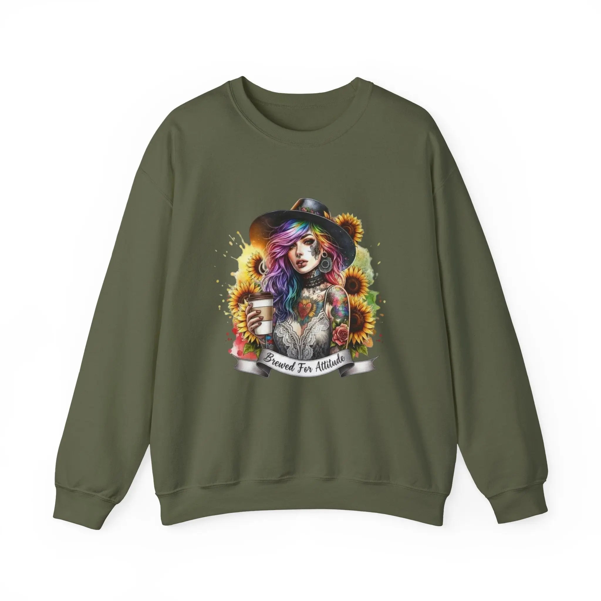 Brewed for Attitude Sunflower Sweatshirt, Cozy Unisex Crewneck, Gifts for Her, Trendy Fall Apparel, Tattoo Art Fashion Printify