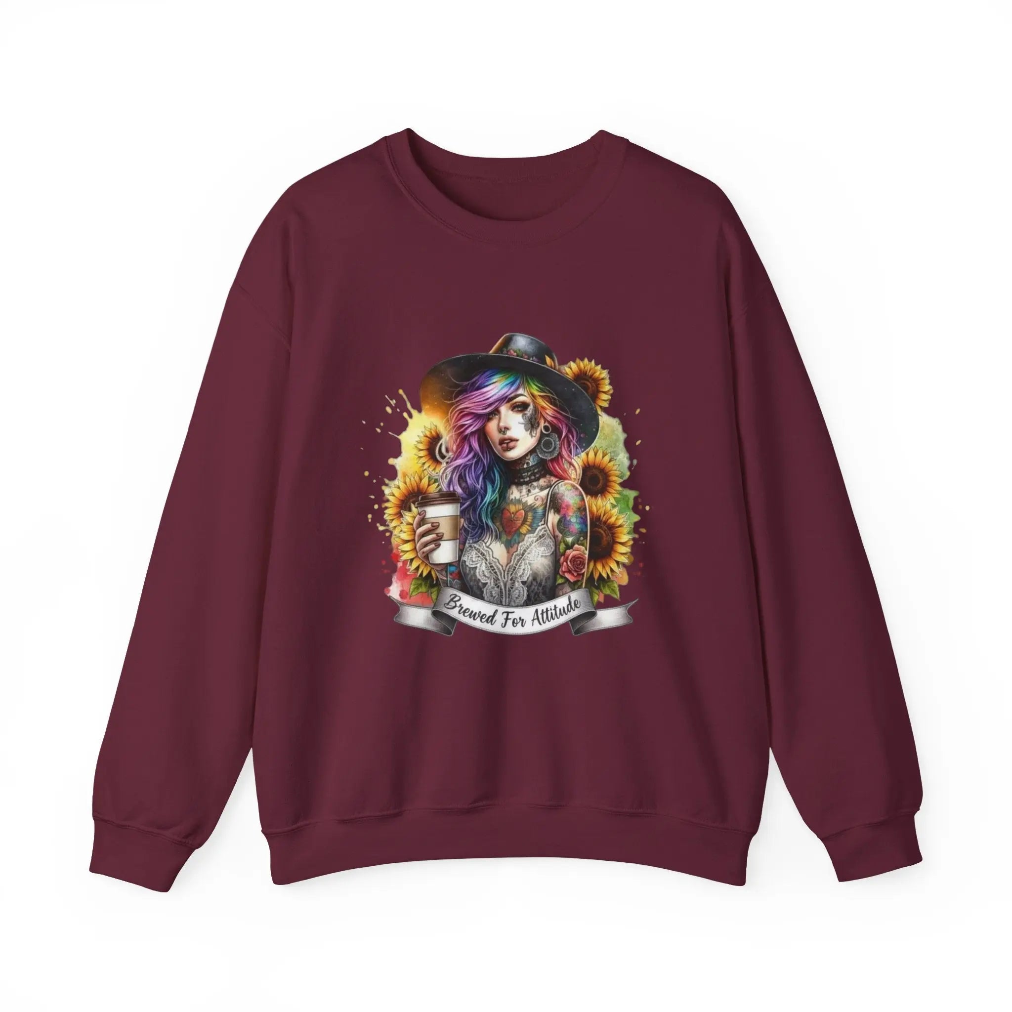 Brewed for Attitude Sunflower Sweatshirt, Cozy Unisex Crewneck, Gifts for Her, Trendy Fall Apparel, Tattoo Art Fashion Printify