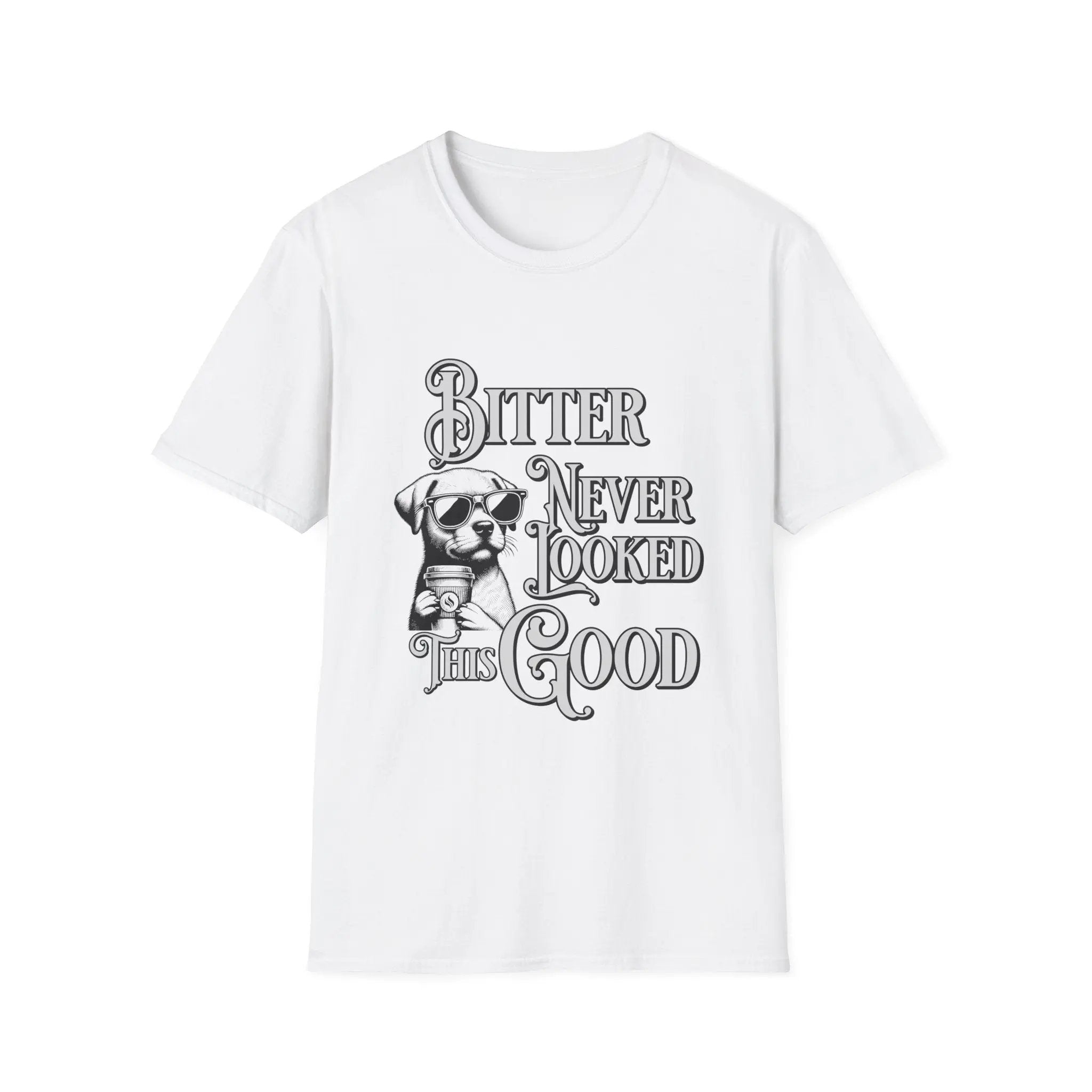 Men’s Coffee T-Shirt – Cool Dog with Shades, Bitter Never Looked This Good - Boldly Bitter Company
