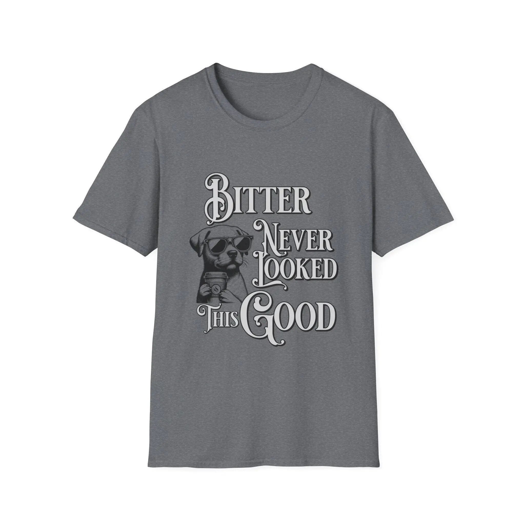 Men’s Coffee T-Shirt – Cool Dog with Shades, Bitter Never Looked This Good - Boldly Bitter Company