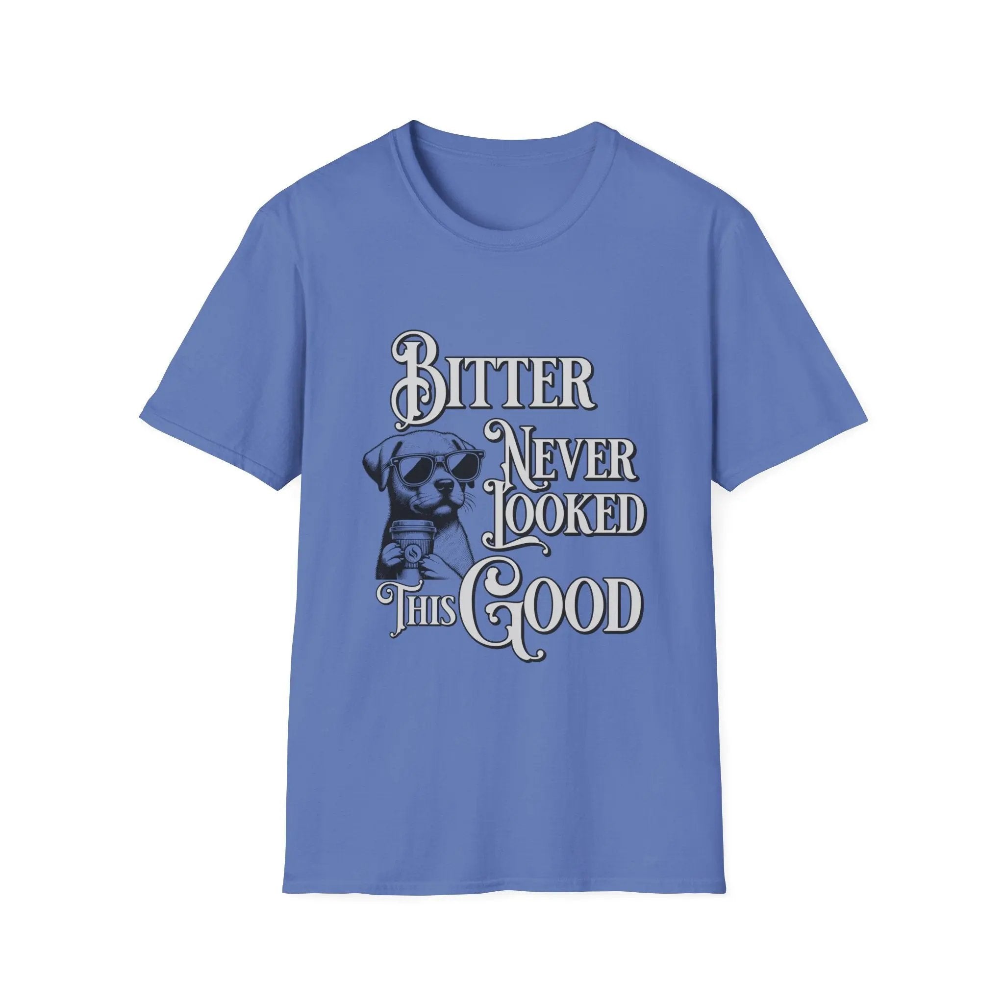 Men’s Coffee T-Shirt – Cool Dog with Shades, Bitter Never Looked This Good - Boldly Bitter Company