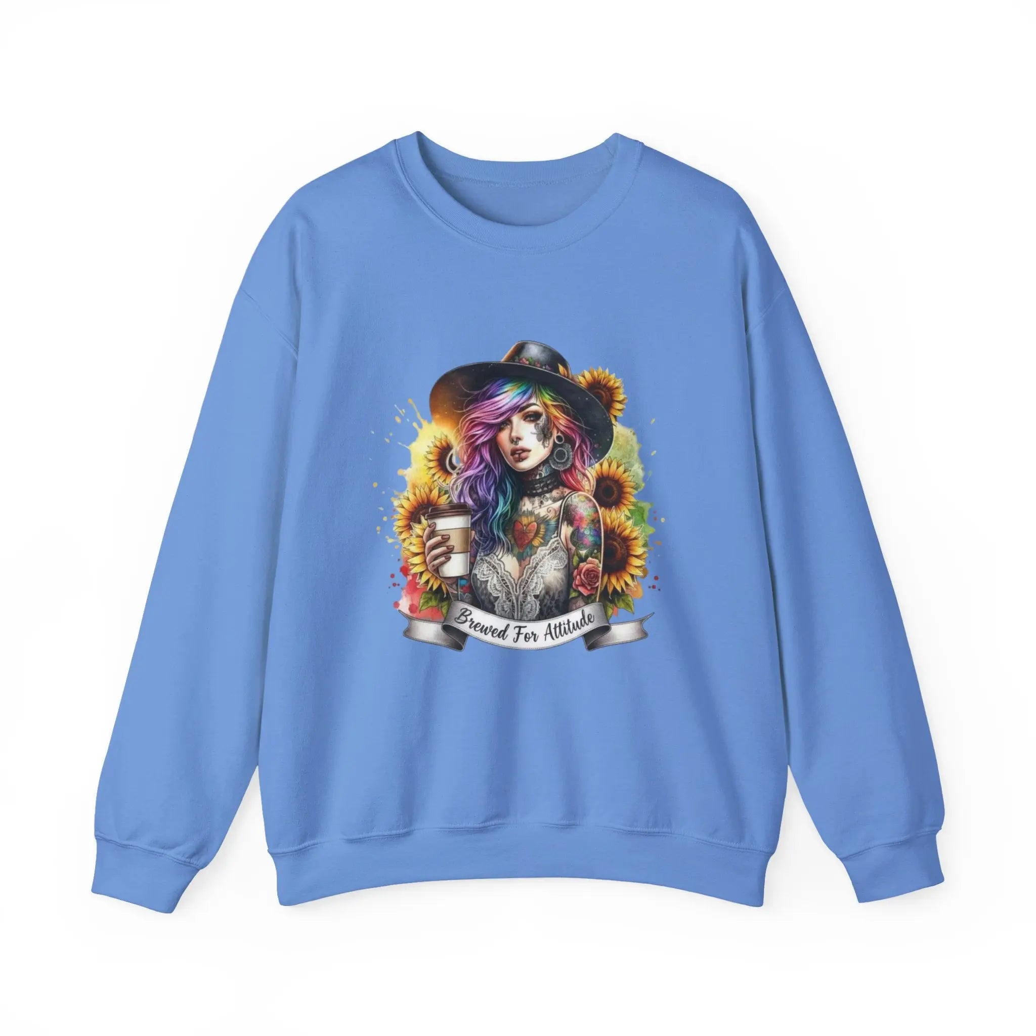 Brewed for Attitude Sunflower Sweatshirt, Cozy Unisex Crewneck, Gifts for Her, Trendy Fall Apparel, Tattoo Art Fashion Printify
