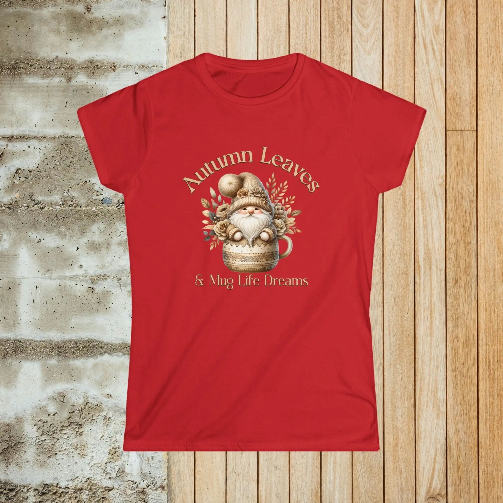 Autumn Leaves Women's Softstyle Tee - Cozy gnome ina coffee cup fall vibes Printify