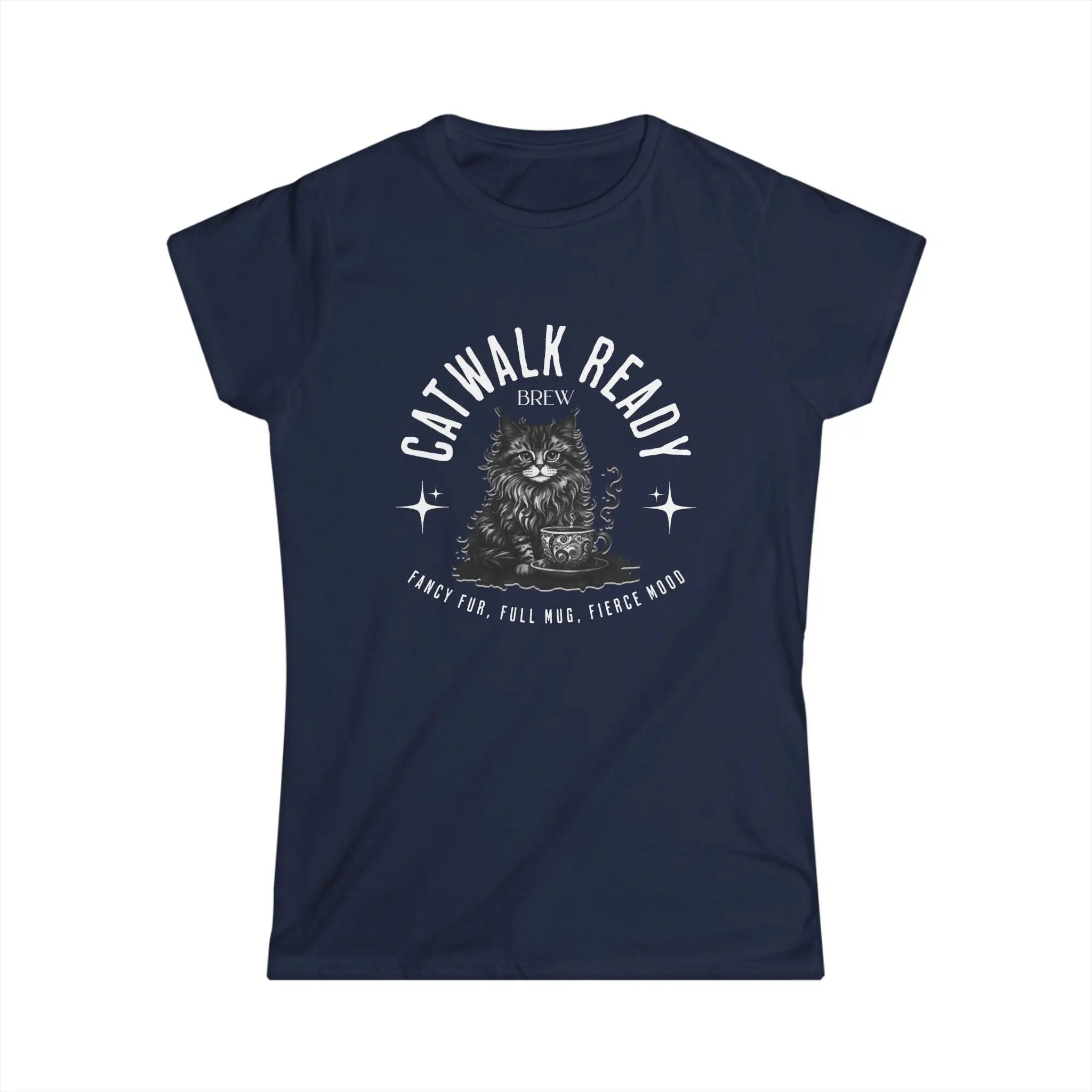 Elegant Cat Coffee T-Shirt – Catwalk Ready Brew, Fancy Fur, Full Mug, Fierce Mood Printify