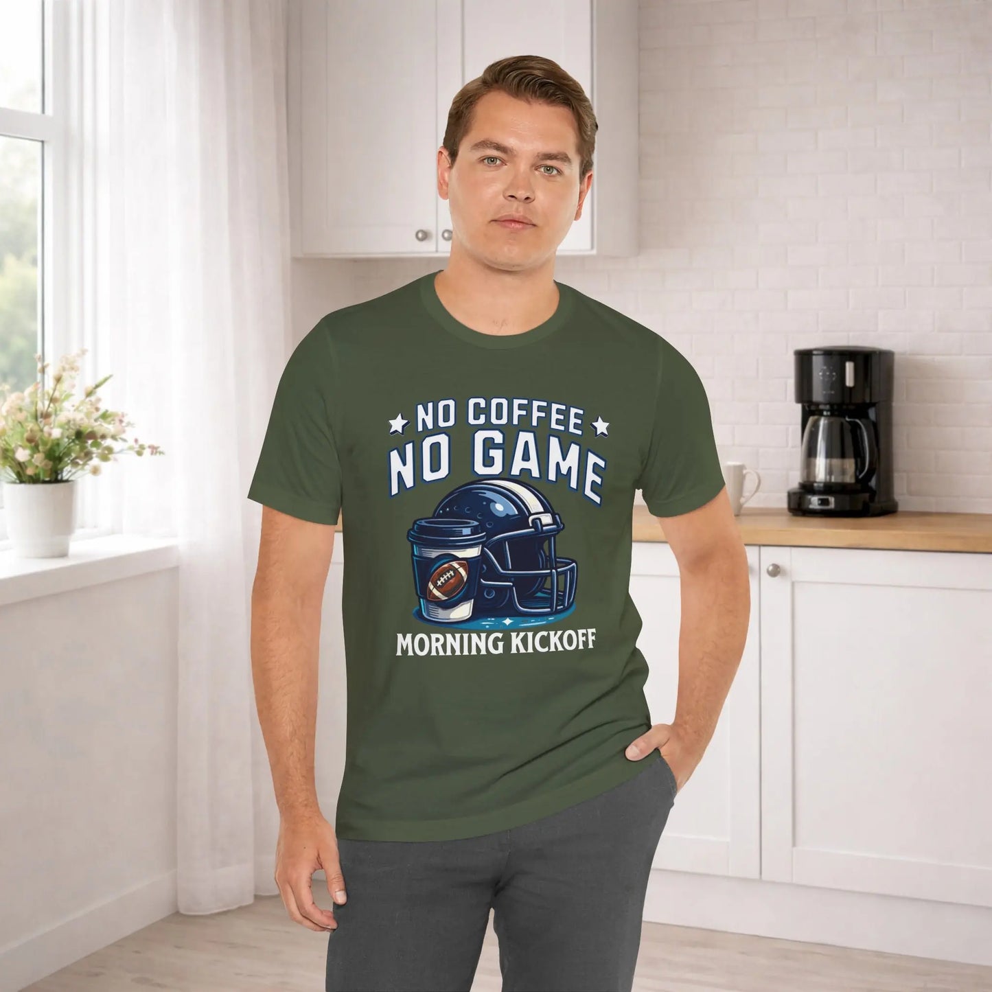 No Coffee No Game Football Tee — "Morning Kickoff" Helmet Graphic Shirt Printify