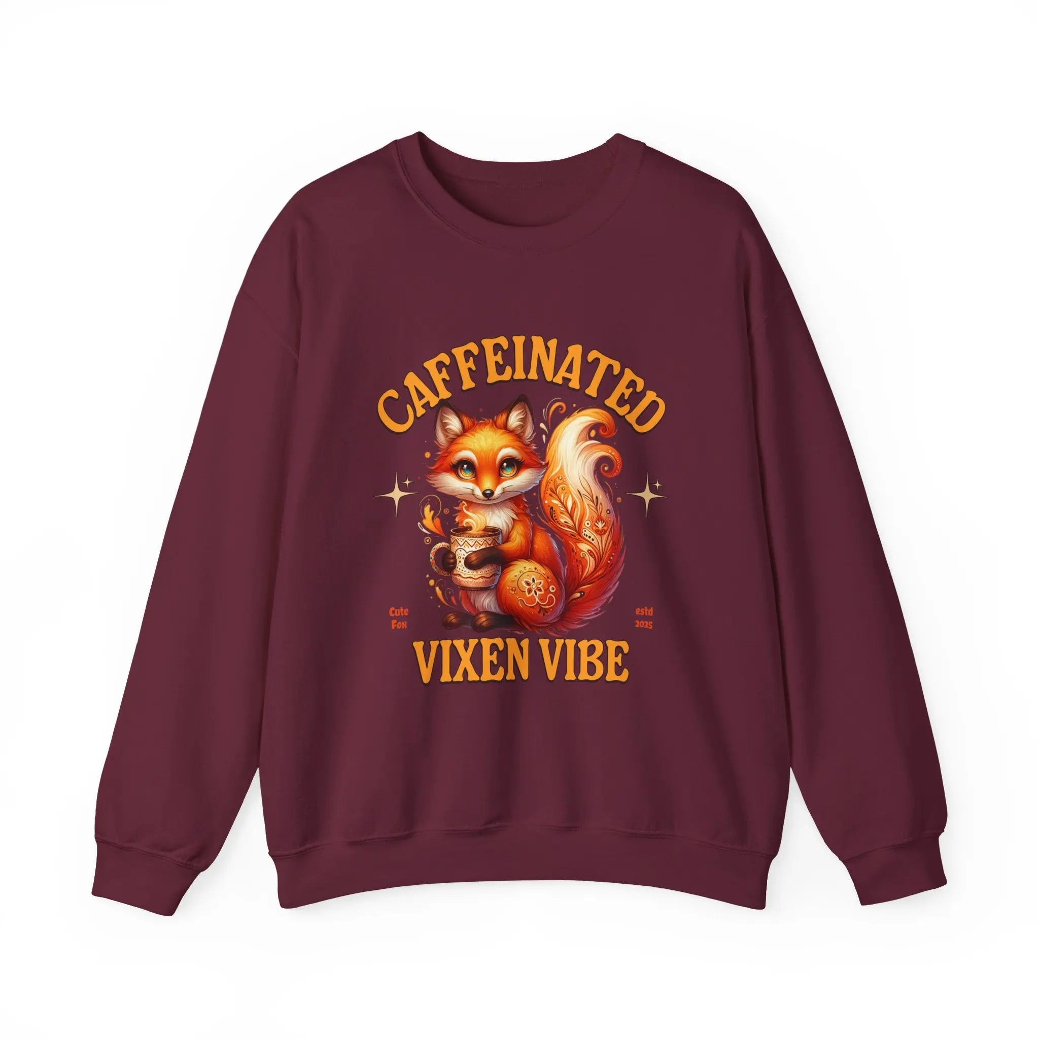 Caffeinated Vixen Vibe Sweatshirt, Cozy Unisex Crewneck for Coffee Lovers, Gift for Birthdays, Fall Fashion, Cute Animal Sweater Printify