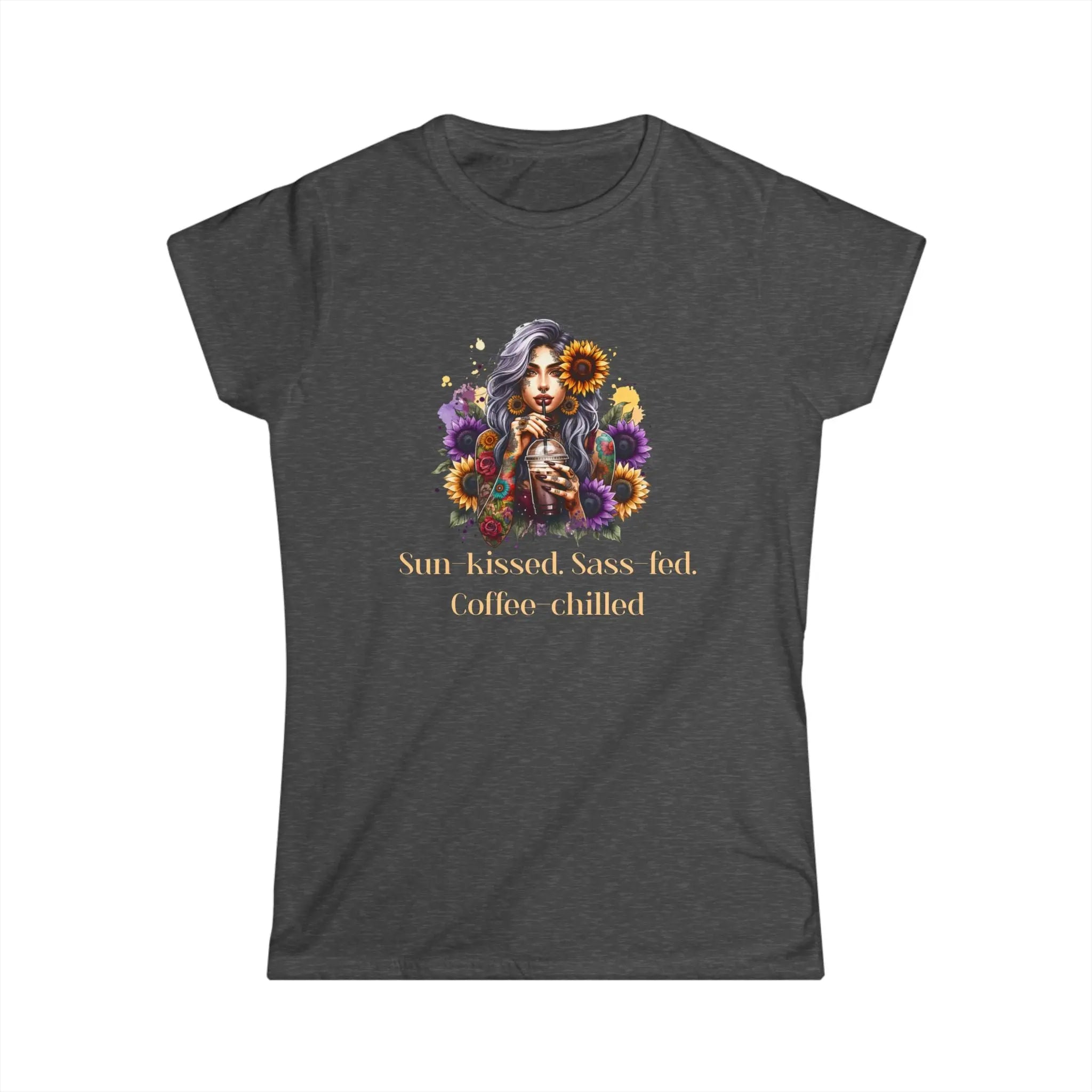Sun-Kissed Tshirt -  Sass-Fed, Coffee Chilled - Sunflower Tattoo Woman Coffee Tee Printify