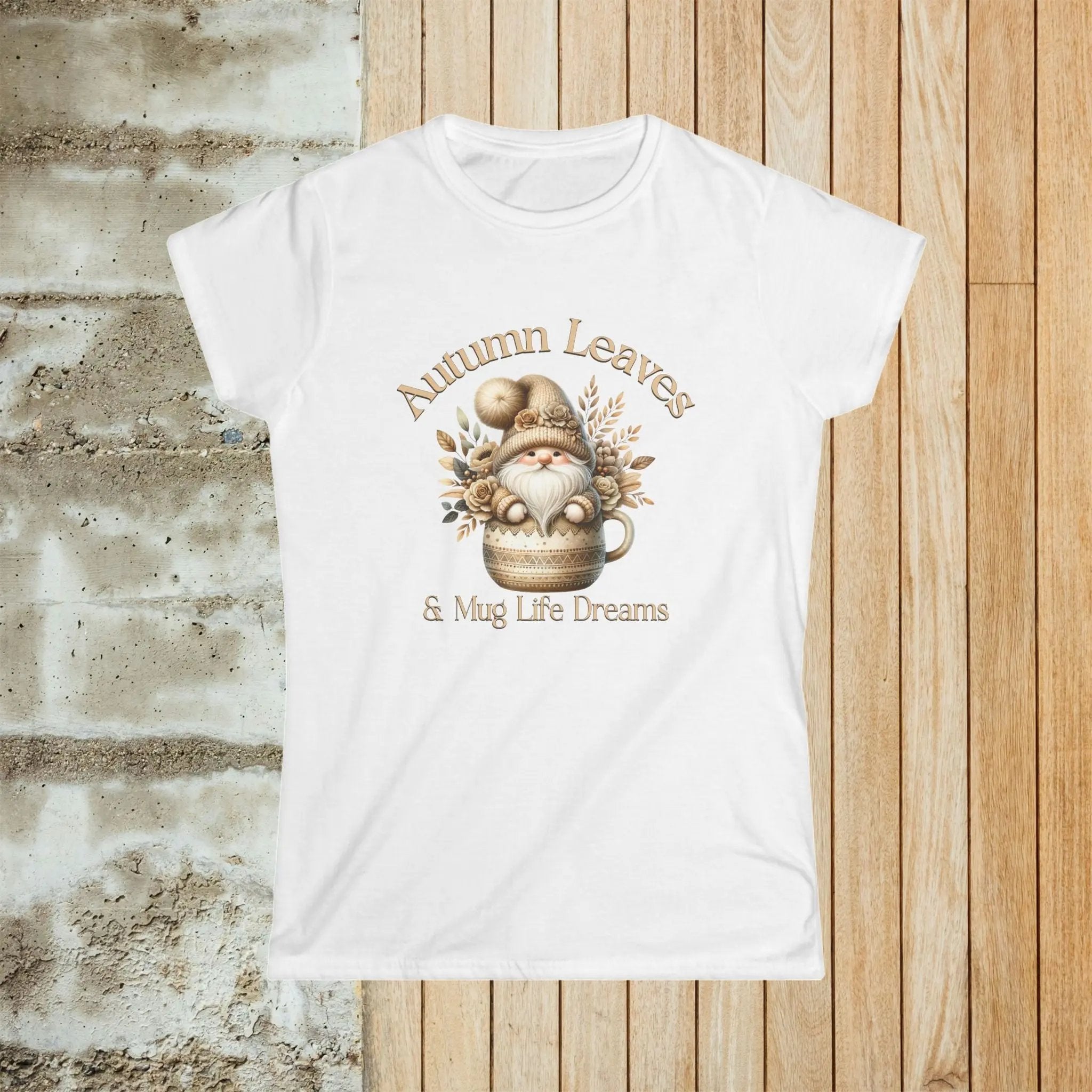 Autumn Leaves Women's Softstyle Tee - Cozy gnome ina coffee cup fall vibes Printify