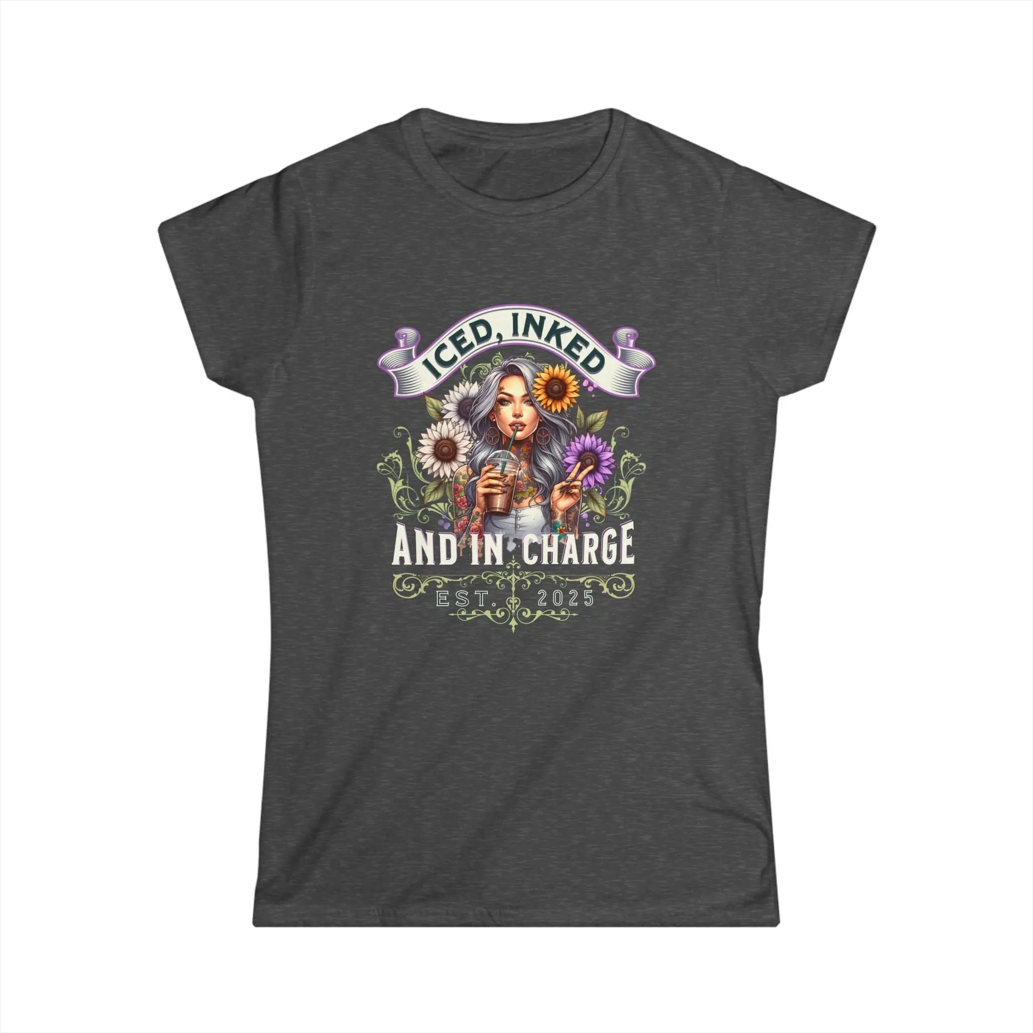 Iced, Inked, In Charge T-Shirt – Tattooed Woman with Iced Coffee & Sunflowers Printify