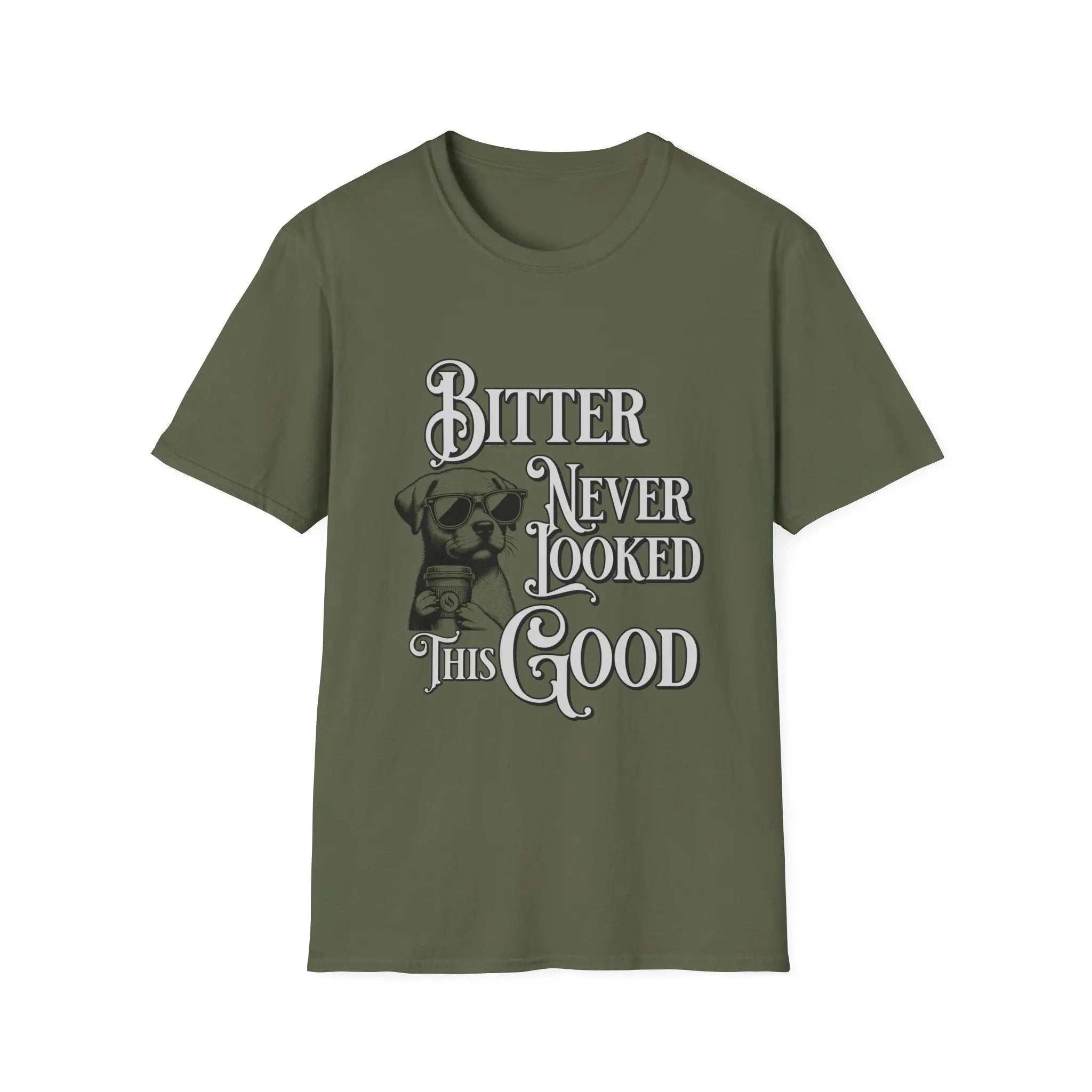 Men’s Coffee T-Shirt – Cool Dog with Shades, Bitter Never Looked This Good - Boldly Bitter Company