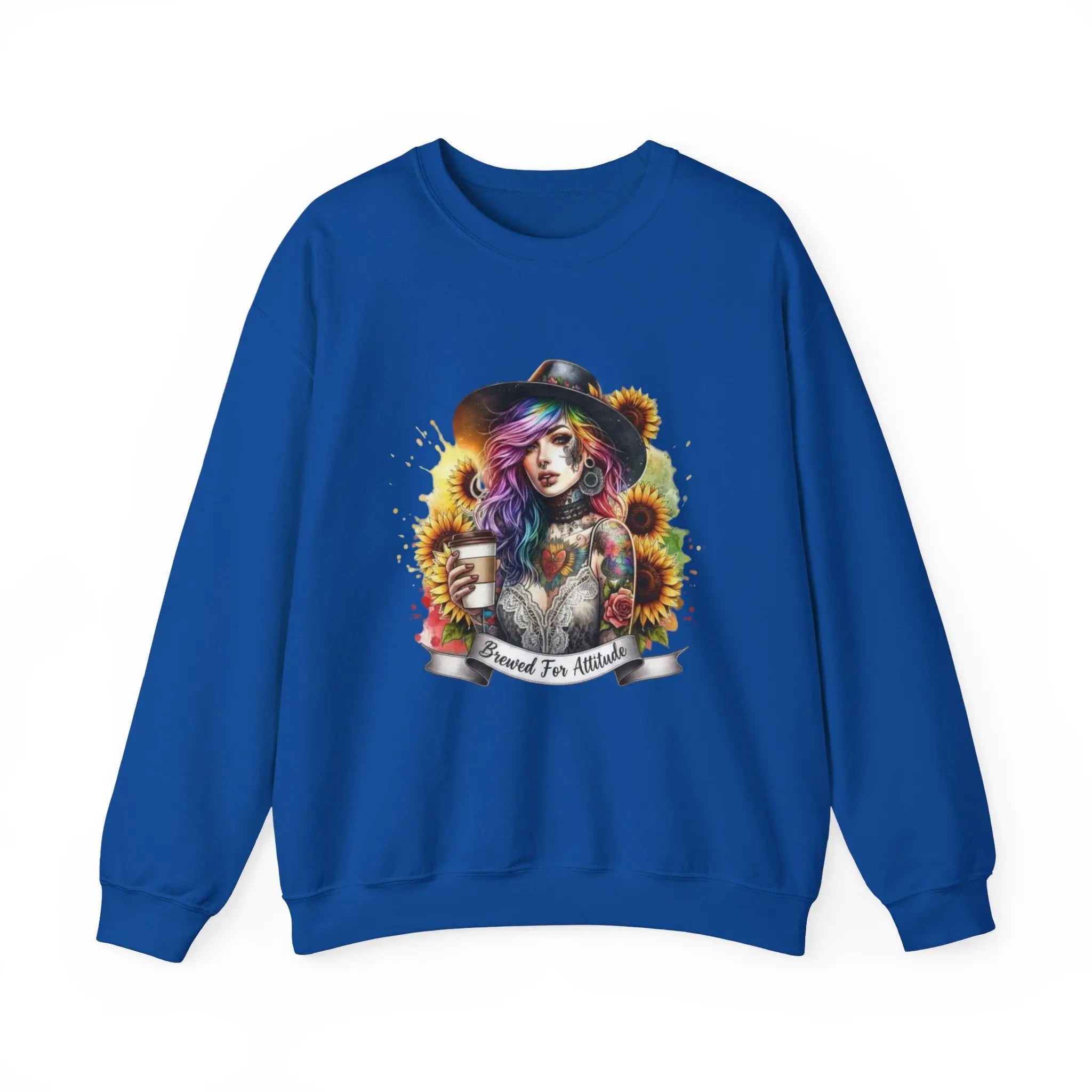 Brewed for Attitude Sunflower Sweatshirt, Cozy Unisex Crewneck, Gifts for Her, Trendy Fall Apparel, Tattoo Art Fashion Printify
