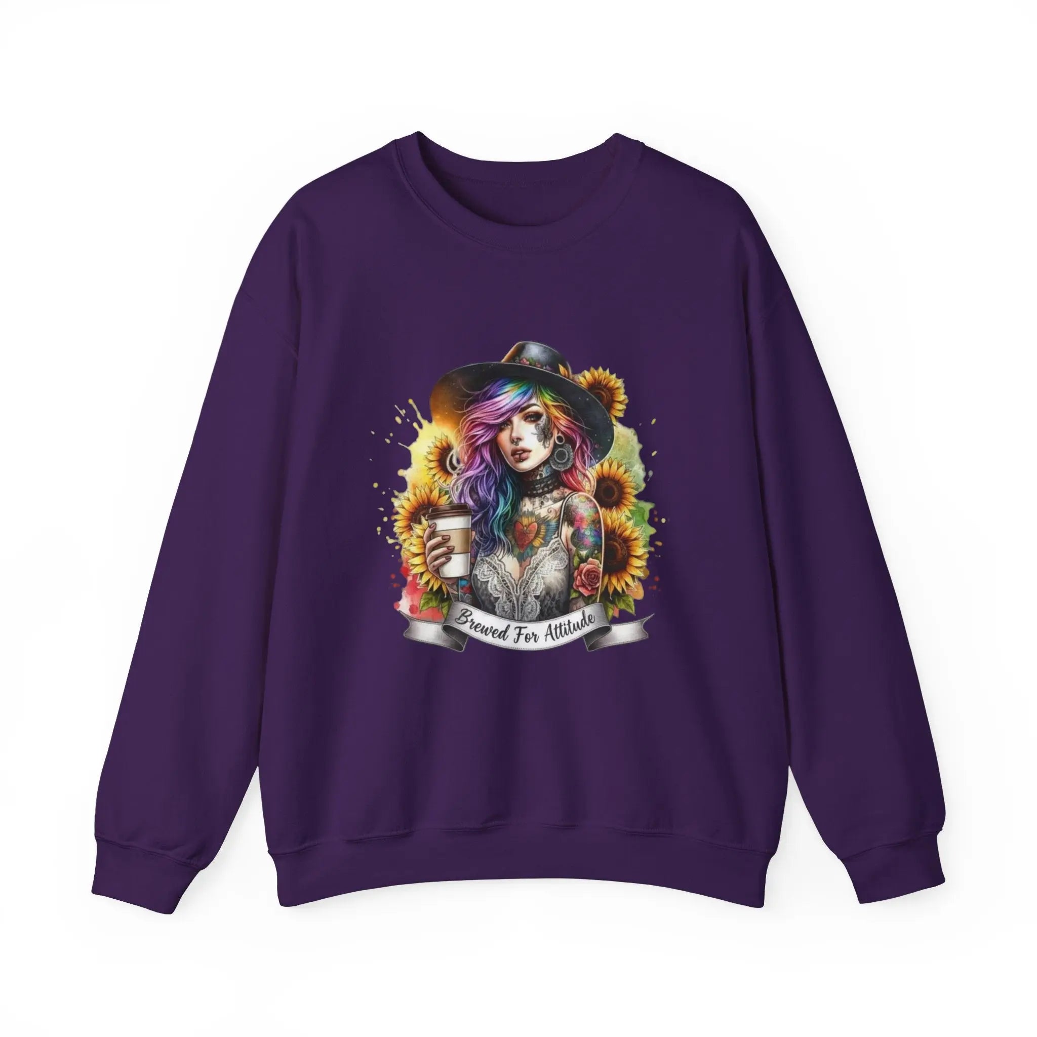 Brewed for Attitude Sunflower Sweatshirt, Cozy Unisex Crewneck, Gifts for Her, Trendy Fall Apparel, Tattoo Art Fashion Printify