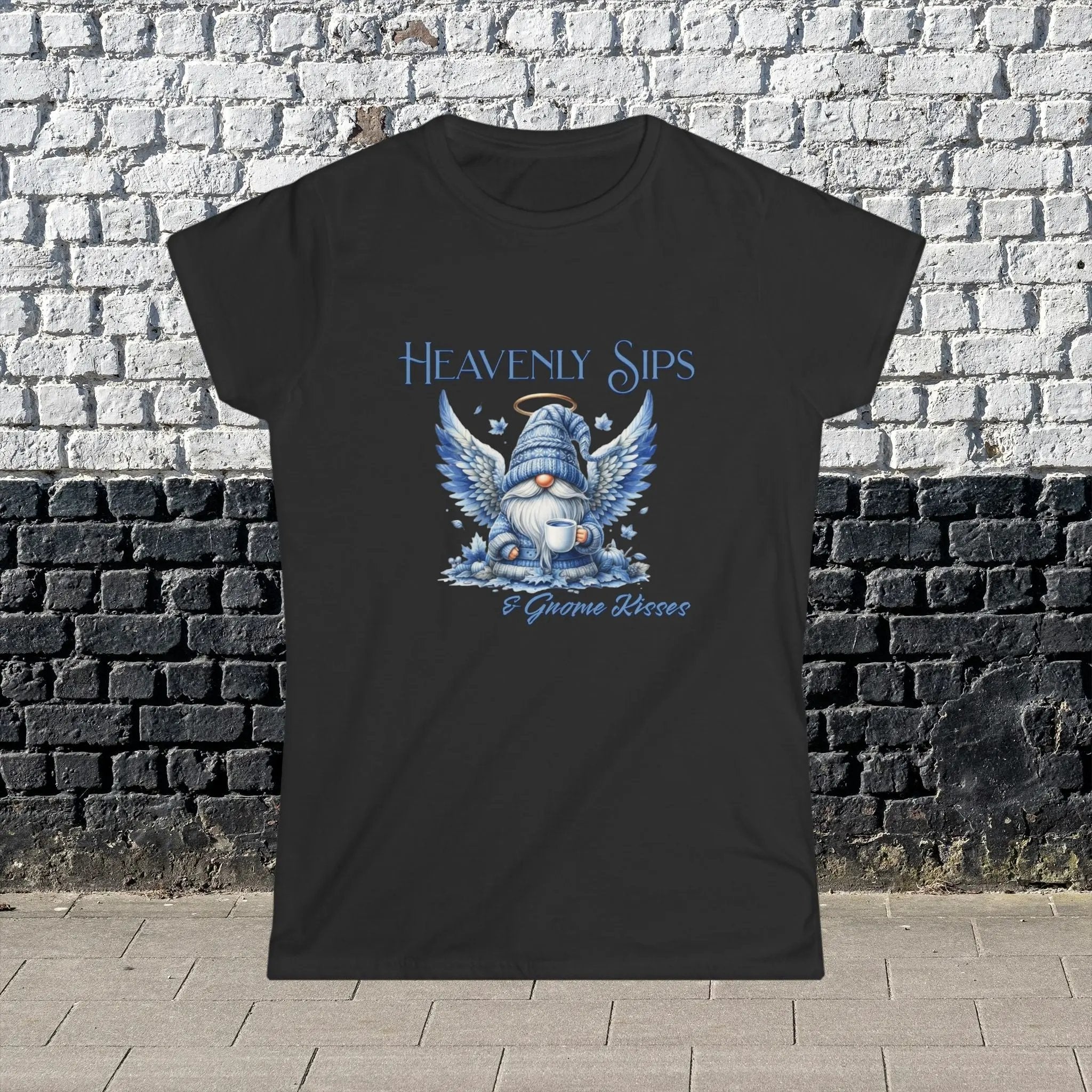 Heavenly Sips Tee, Cute Women's T-Shirt with gnome kisses, Funny Coffee Lovers Gift, Casual Everyday Wear, Cozy Winter Style, Birthday Present - Boldly Bitter Company