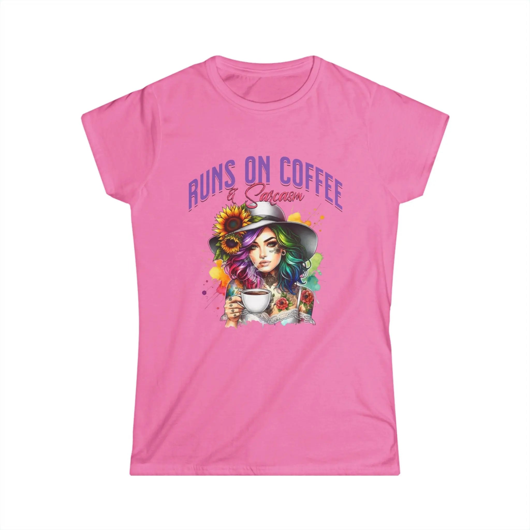 Runs on Coffee and Sarcasm T-shirt- Handmade Gift for Women, Casualwear, Coffee Addict Shirt, Fun Graphic Tee, Unique Gift Idea Printify