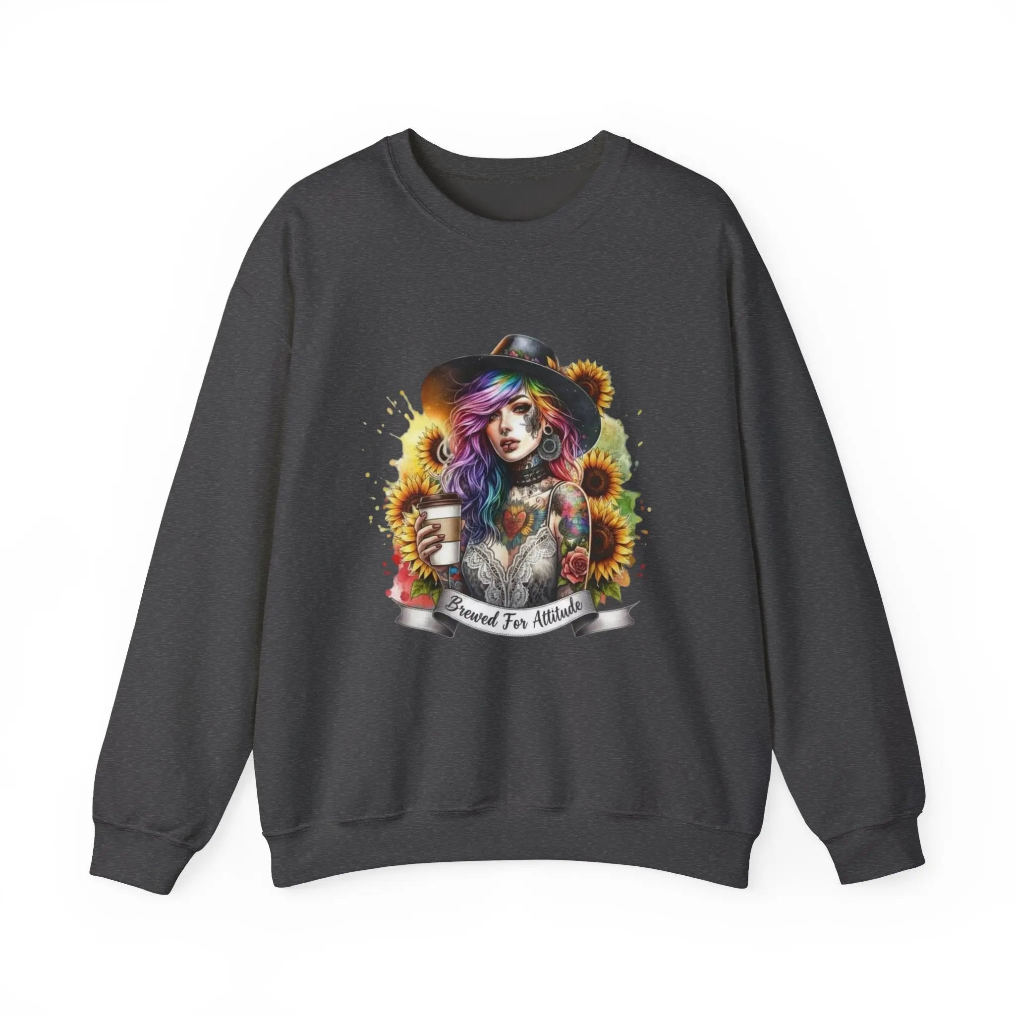 Brewed for Attitude Sunflower Sweatshirt, Cozy Unisex Crewneck, Gifts for Her, Trendy Fall Apparel, Tattoo Art Fashion Printify