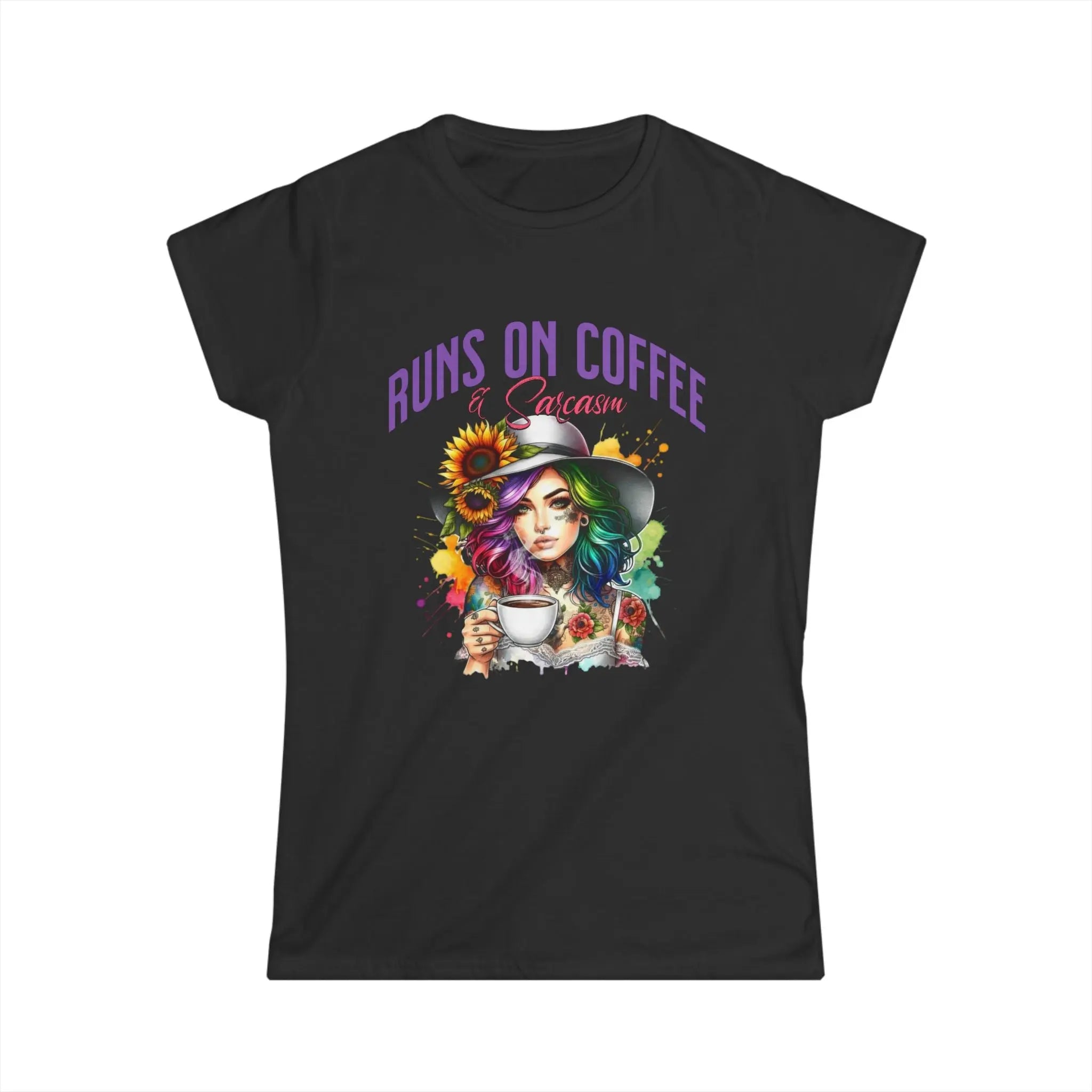 Runs on Coffee and Sarcasm T-shirt- Handmade Gift for Women, Casualwear, Coffee Addict Shirt, Fun Graphic Tee, Unique Gift Idea Printify