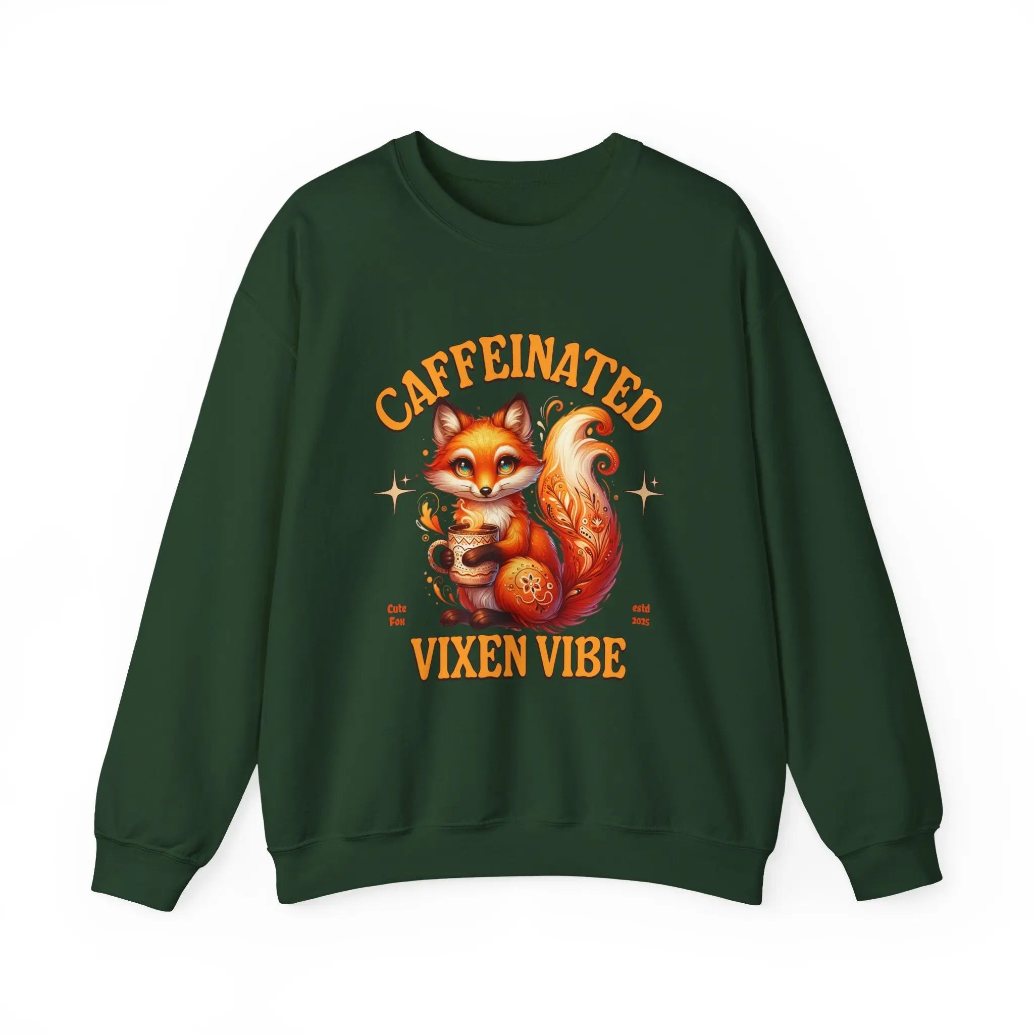 Caffeinated Vixen Vibe Sweatshirt, Cozy Unisex Crewneck for Coffee Lovers, Gift for Birthdays, Fall Fashion, Cute Animal Sweater Printify