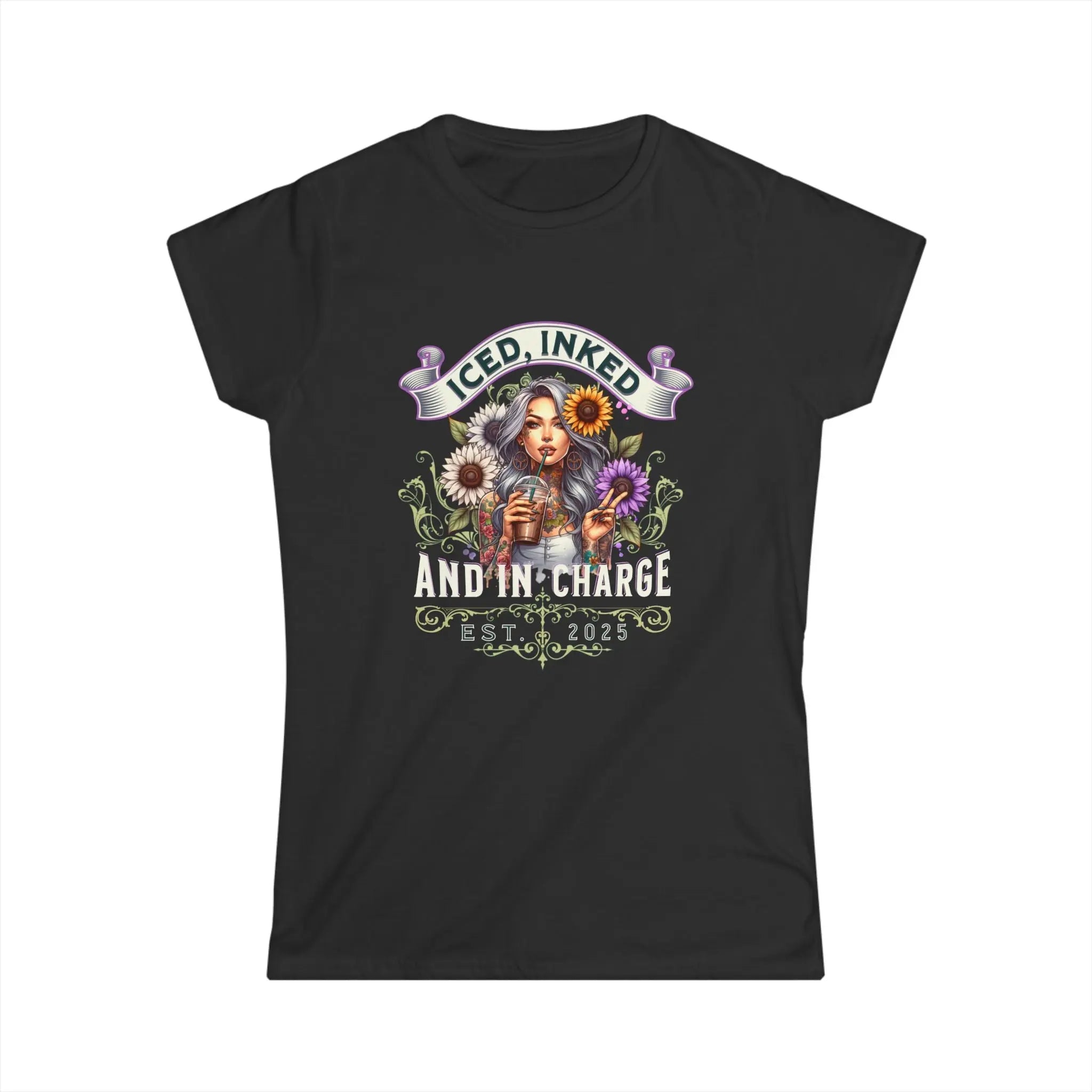 Iced, Inked, In Charge T-Shirt – Tattooed Woman with Iced Coffee & Sunflowers Printify