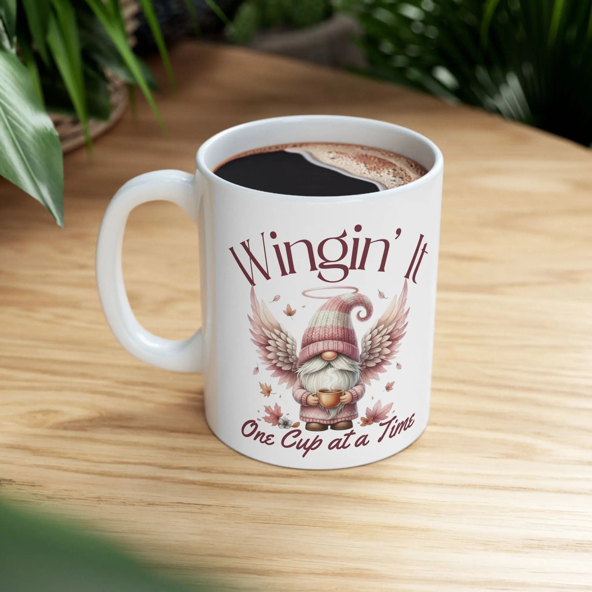 Wingin It Coffee Mug - Cute Gnome Angel Coffee Mug Printify