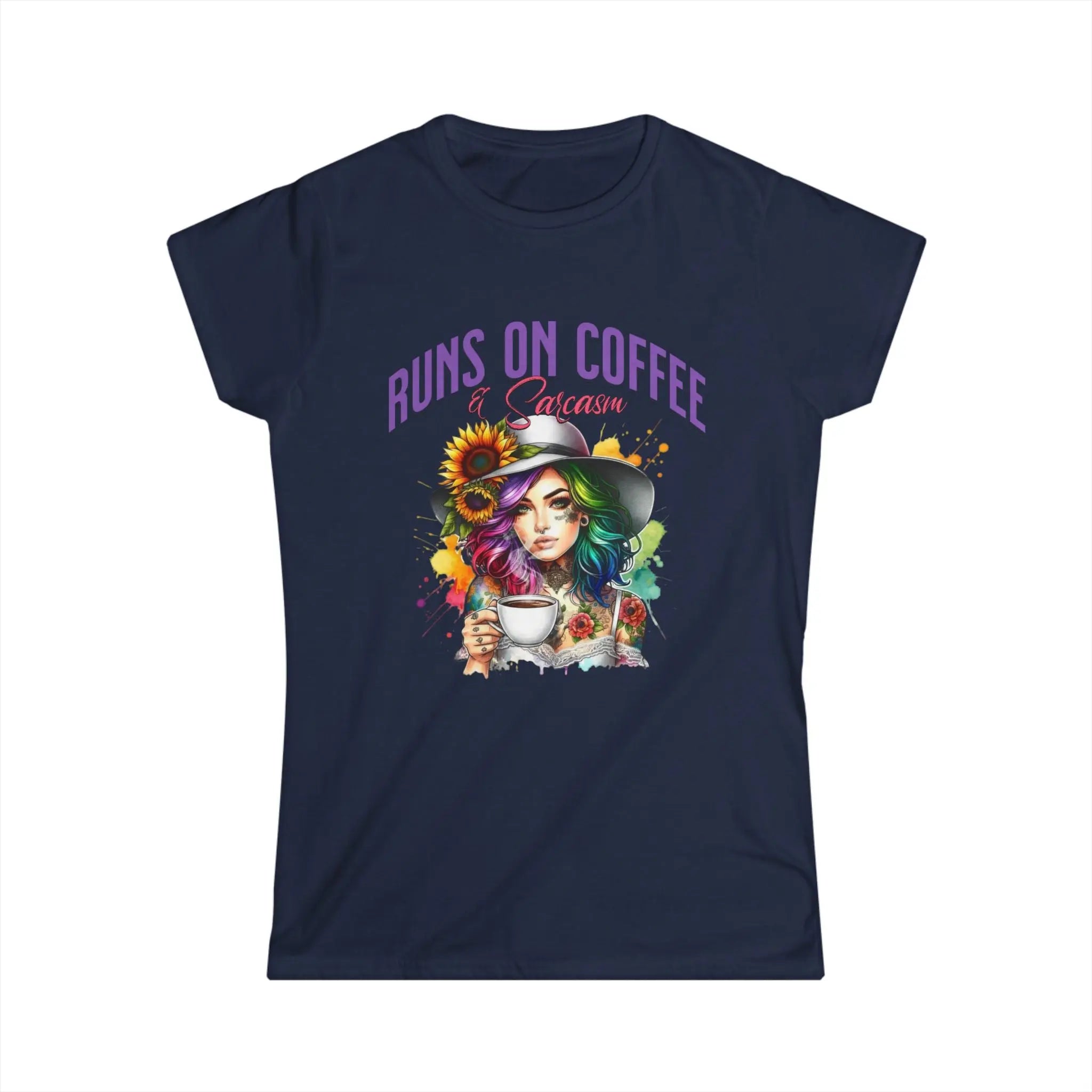 Runs on Coffee and Sarcasm T-shirt- Handmade Gift for Women, Casualwear, Coffee Addict Shirt, Fun Graphic Tee, Unique Gift Idea Printify