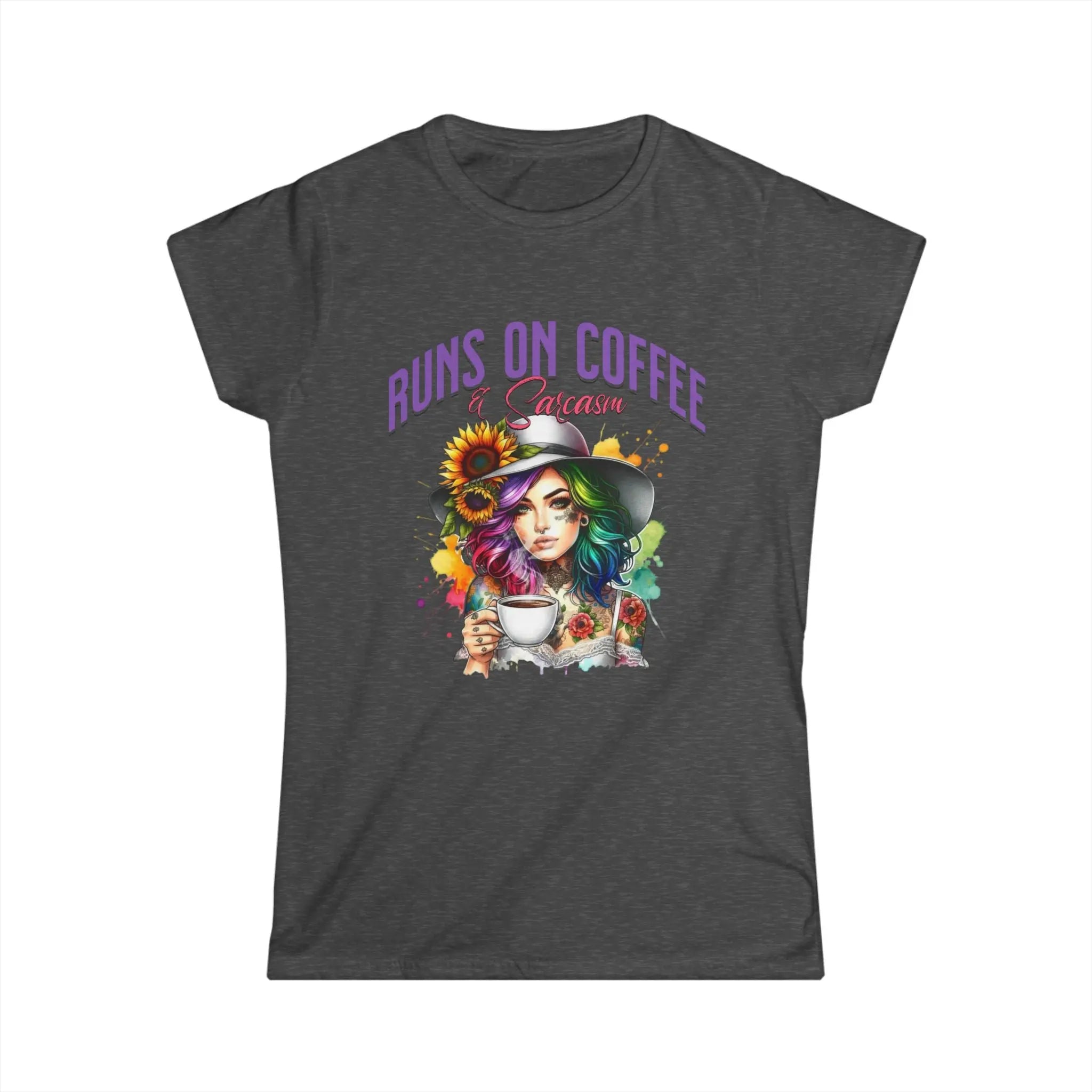 Runs on Coffee and Sarcasm T-shirt- Handmade Gift for Women, Casualwear, Coffee Addict Shirt, Fun Graphic Tee, Unique Gift Idea Printify