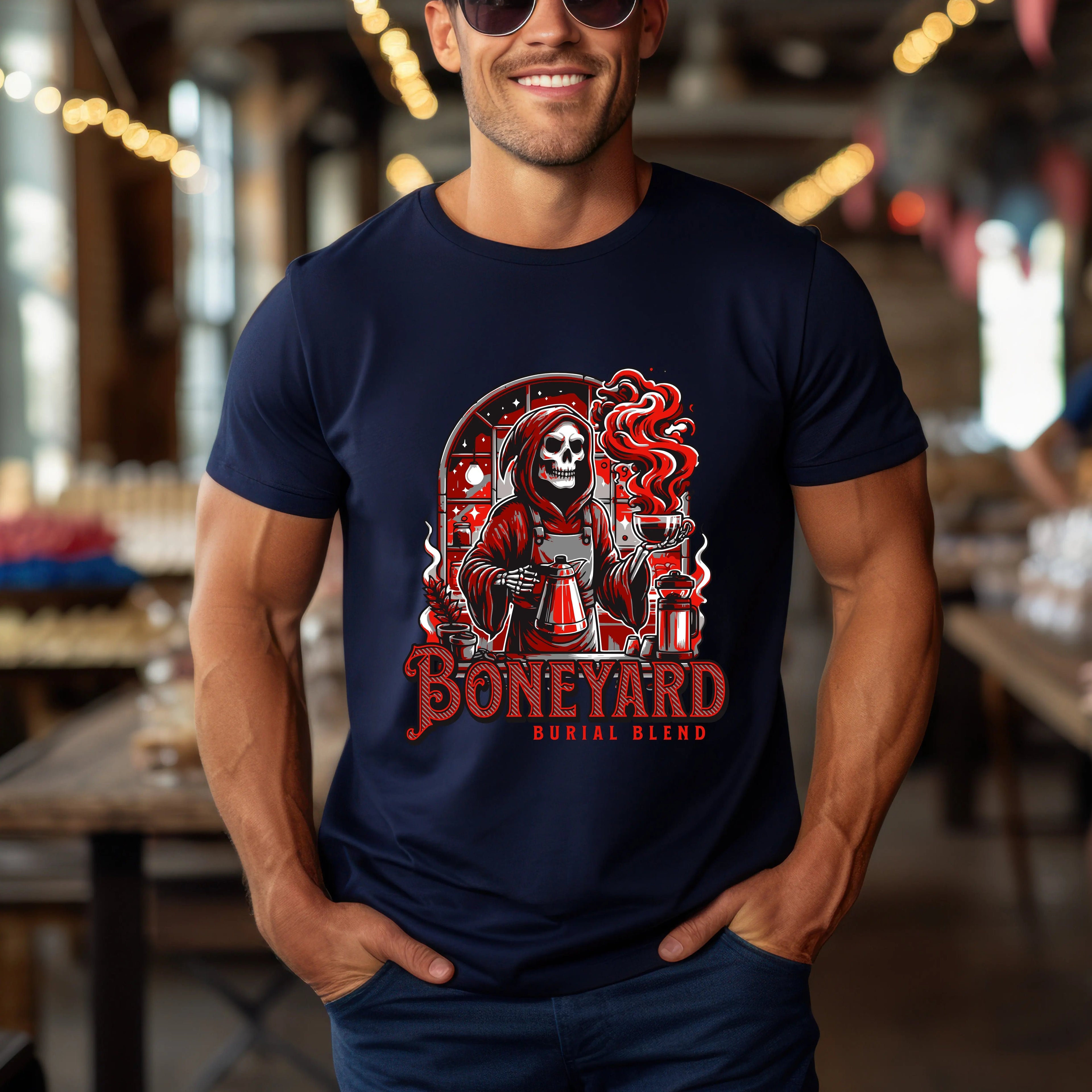 Graphic Skeleton Coffee T-Shirt – “Boneyard Burial Blend” - Boldly Bitter Company