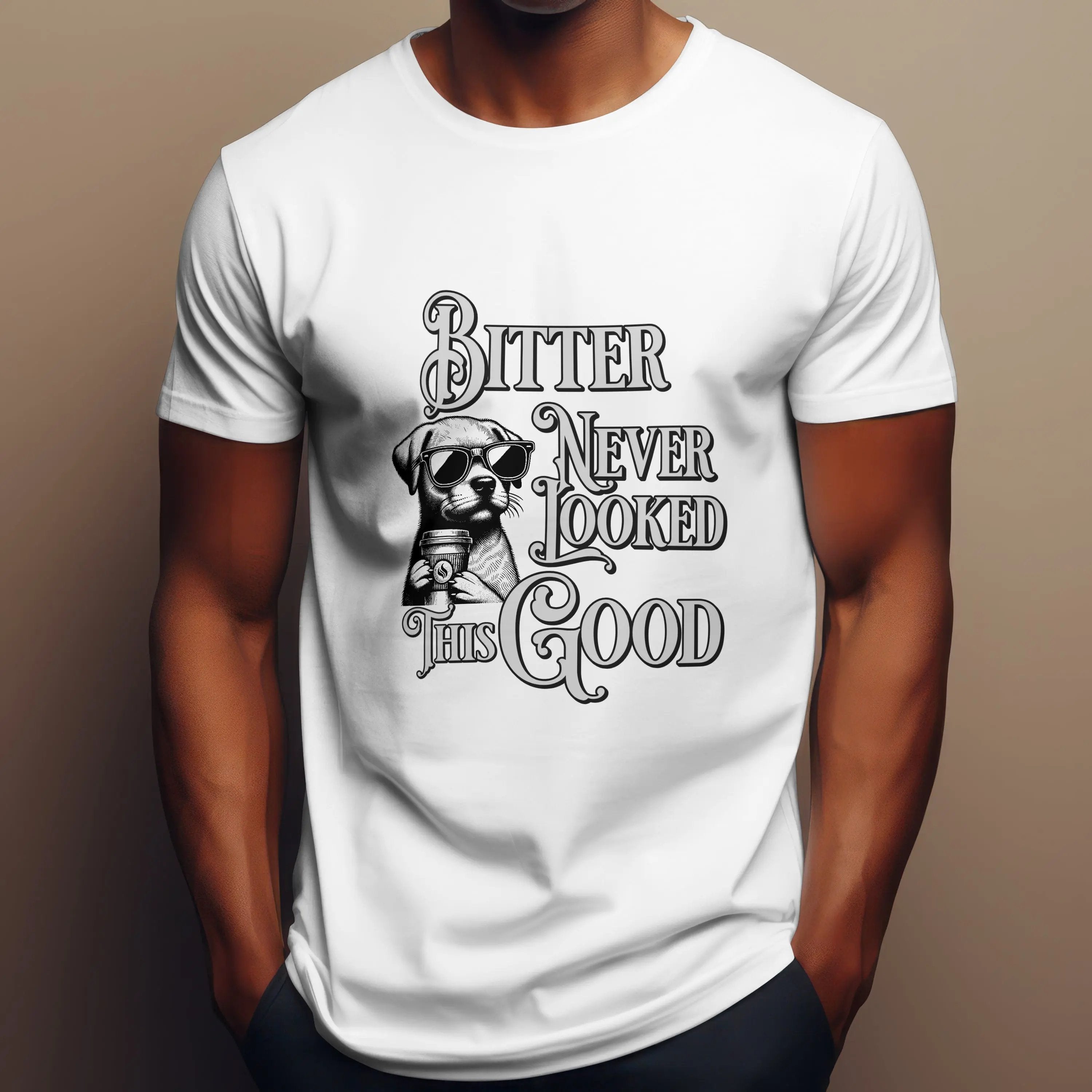 Men’s Coffee T-Shirt – Cool Dog with Shades, Bitter Never Looked This Good - Boldly Bitter Company