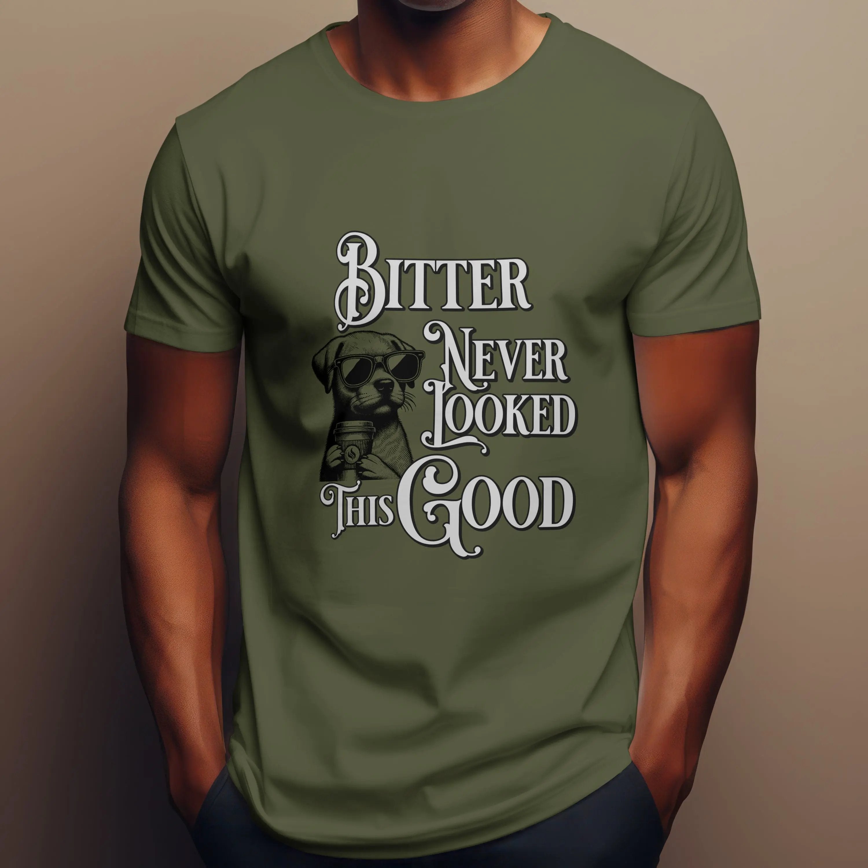 Men’s Coffee T-Shirt – Cool Dog with Shades, Bitter Never Looked This Good - Boldly Bitter Company