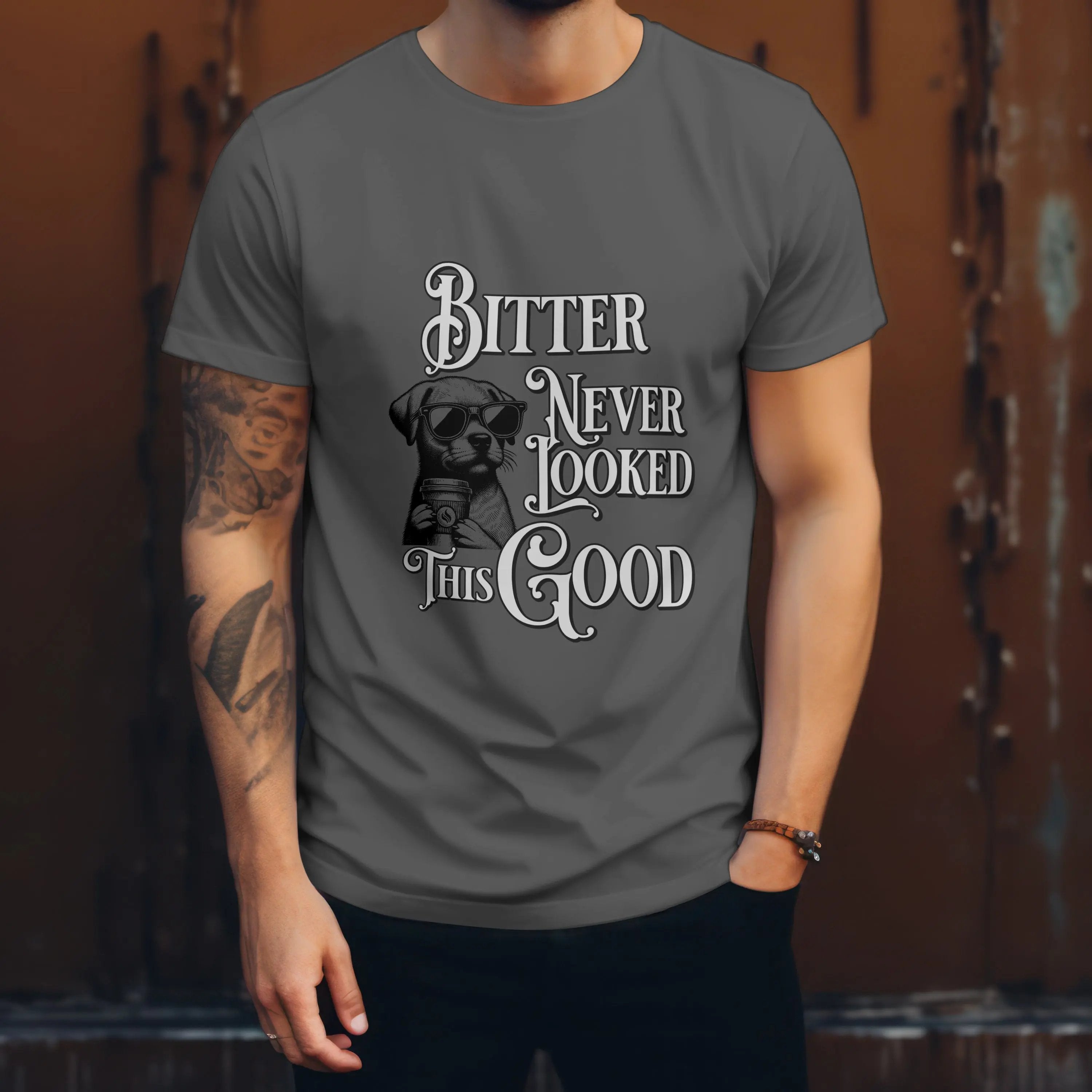 Men’s Coffee T-Shirt – Cool Dog with Shades, Bitter Never Looked This Good - Boldly Bitter Company