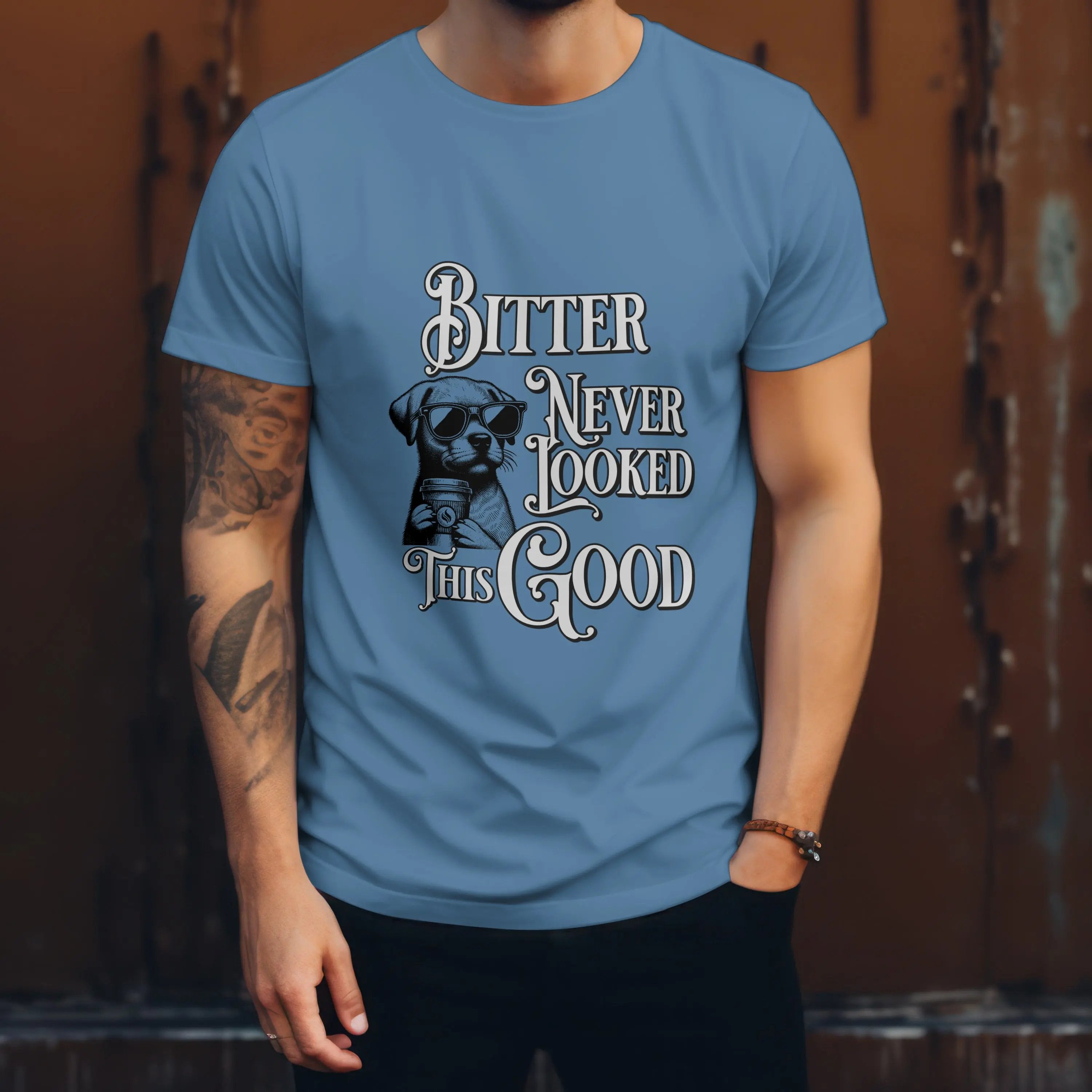 Men’s Coffee T-Shirt – Cool Dog with Shades, Bitter Never Looked This Good - Boldly Bitter Company