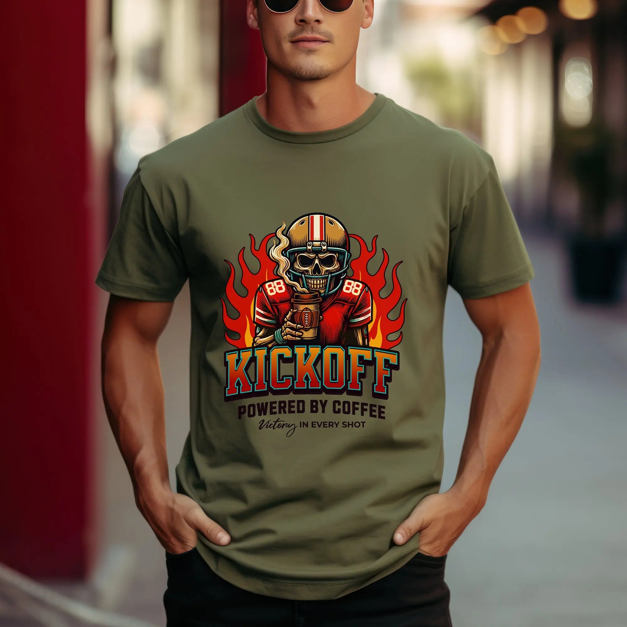 Kickoff Powered by Coffee T-Shirt Printify
