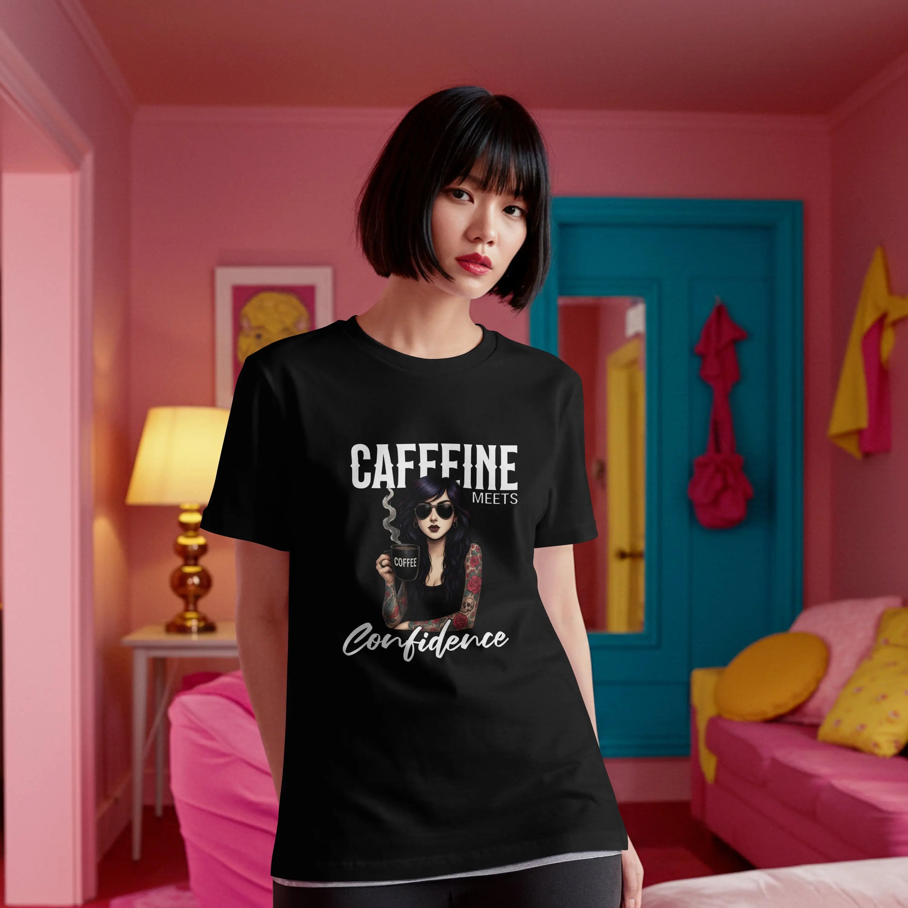 Caffeine and Confidence - T-Shirt Tattoo Woman Caffeine Confidence Design Printify
