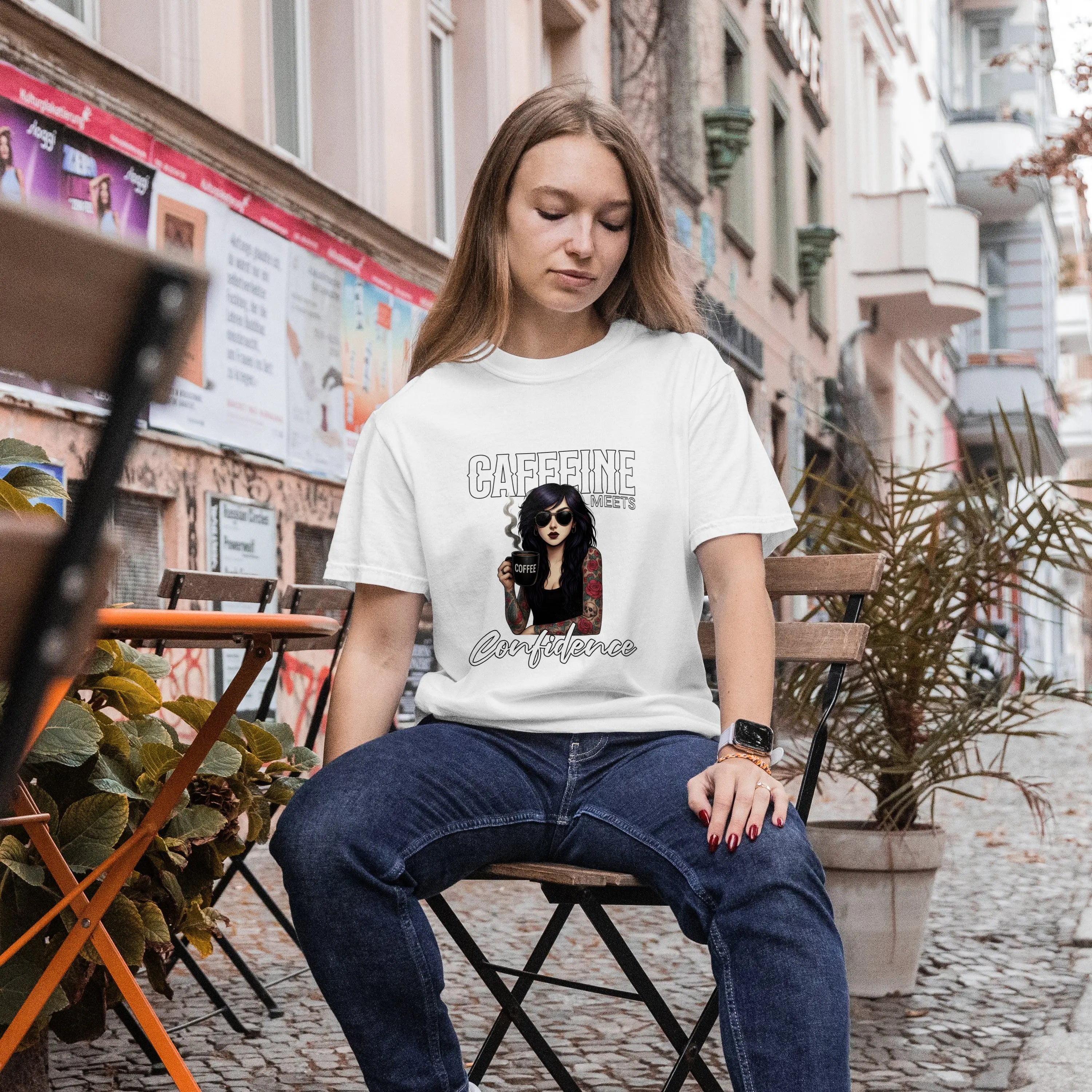 Caffeine and Confidence - T-Shirt Tattoo Woman Caffeine Confidence Design Printify