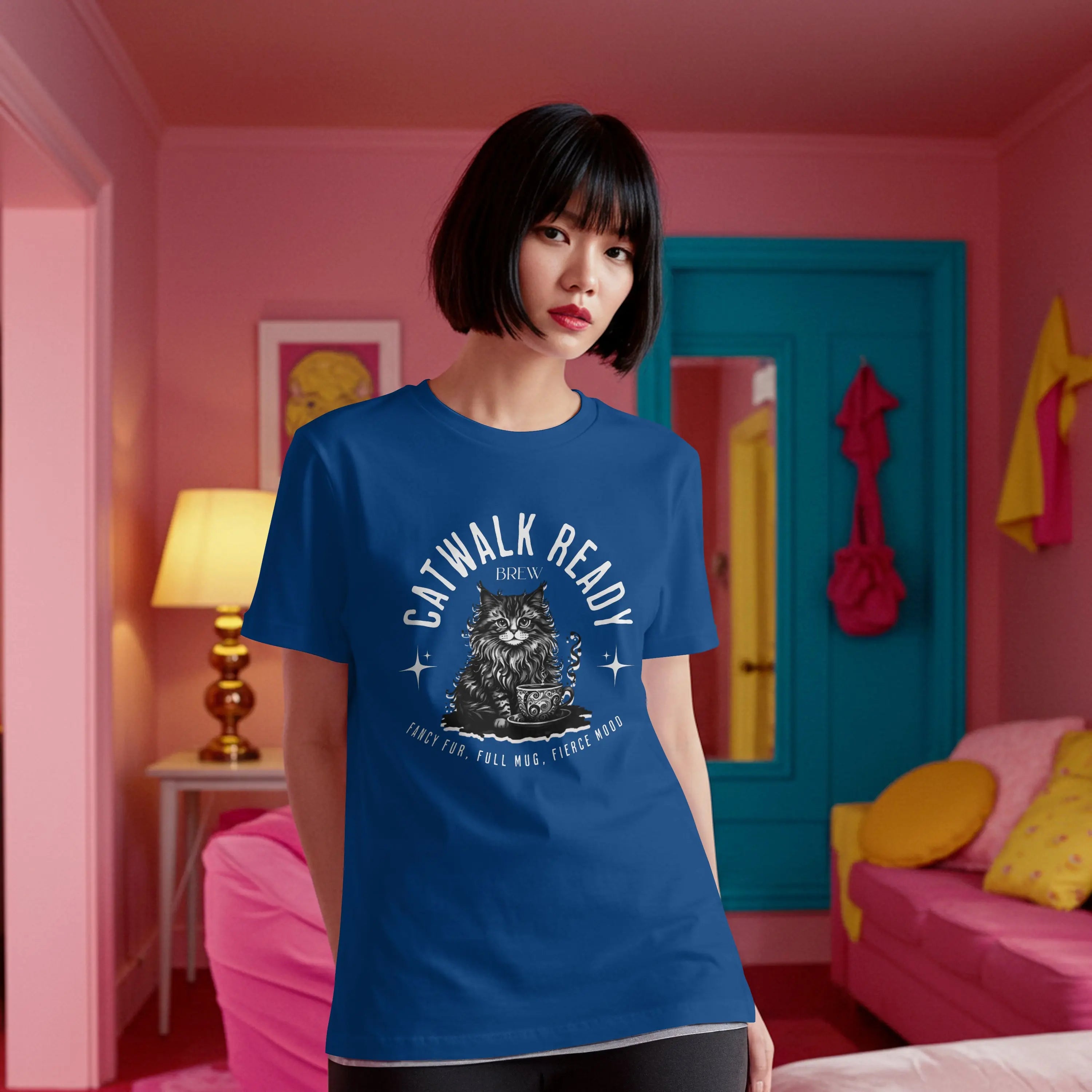 Elegant Cat Coffee T-Shirt – Catwalk Ready Brew, Fancy Fur, Full Mug, Fierce Mood Printify