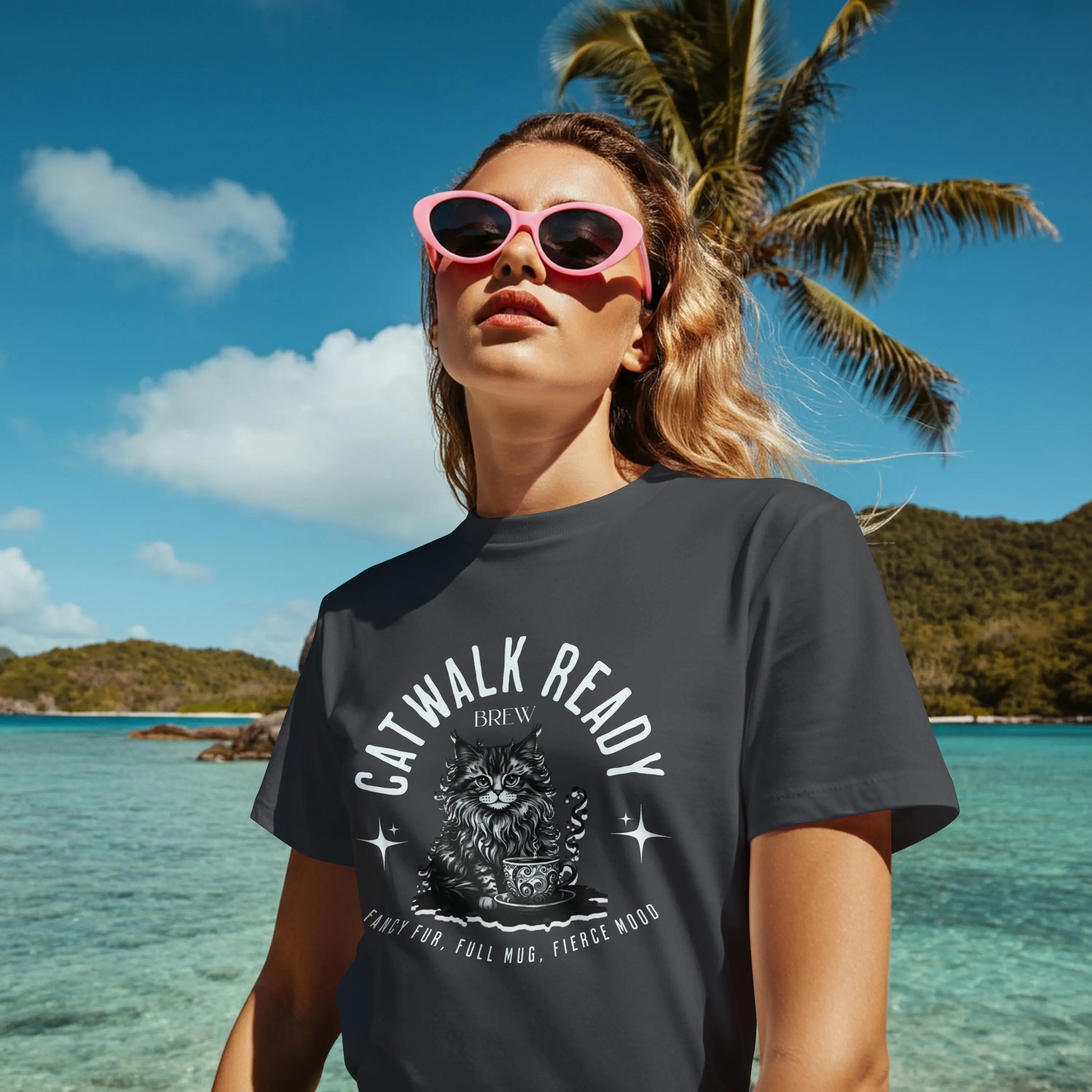 Elegant Cat Coffee T-Shirt – Catwalk Ready Brew, Fancy Fur, Full Mug, Fierce Mood Printify
