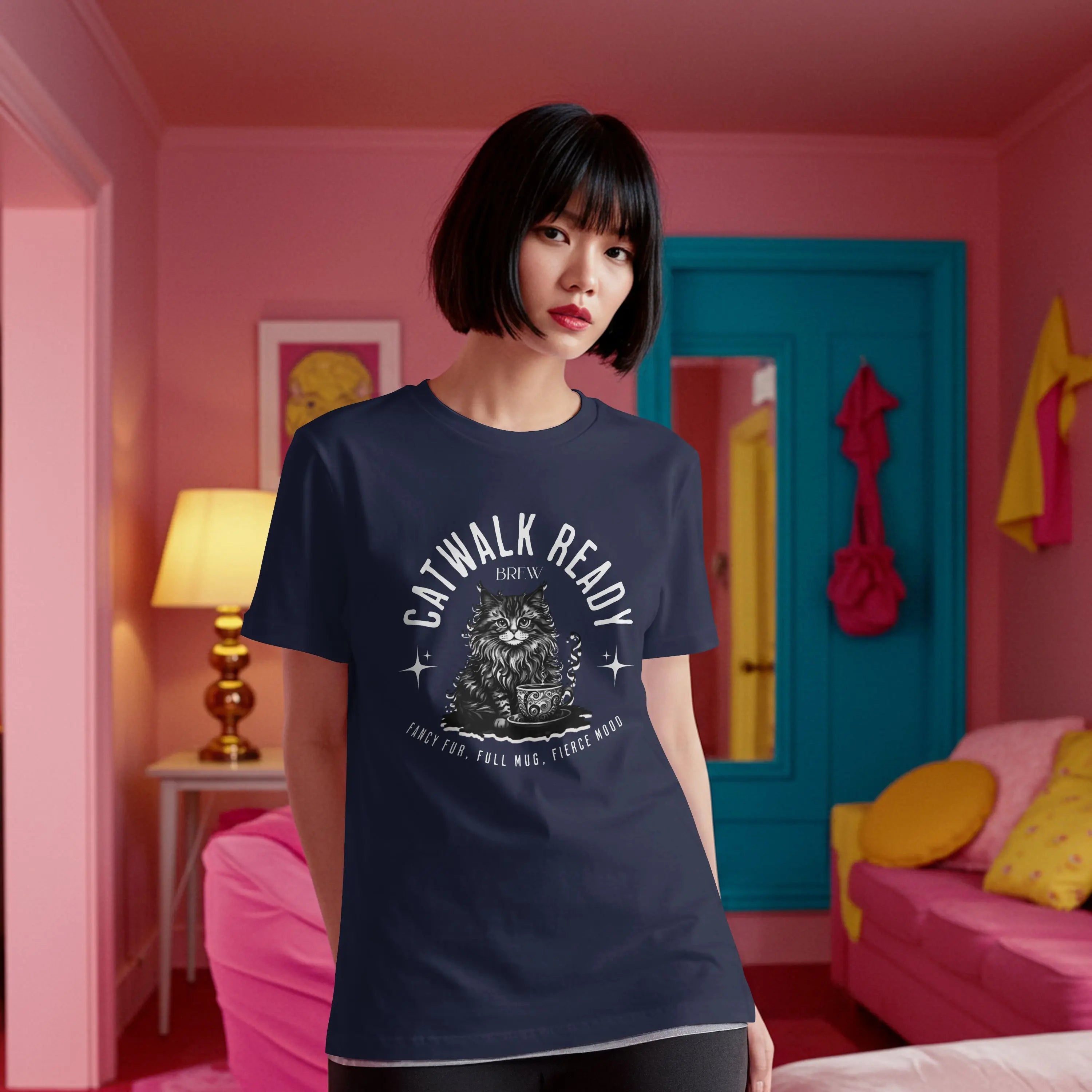 Elegant Cat Coffee T-Shirt – Catwalk Ready Brew, Fancy Fur, Full Mug, Fierce Mood Printify
