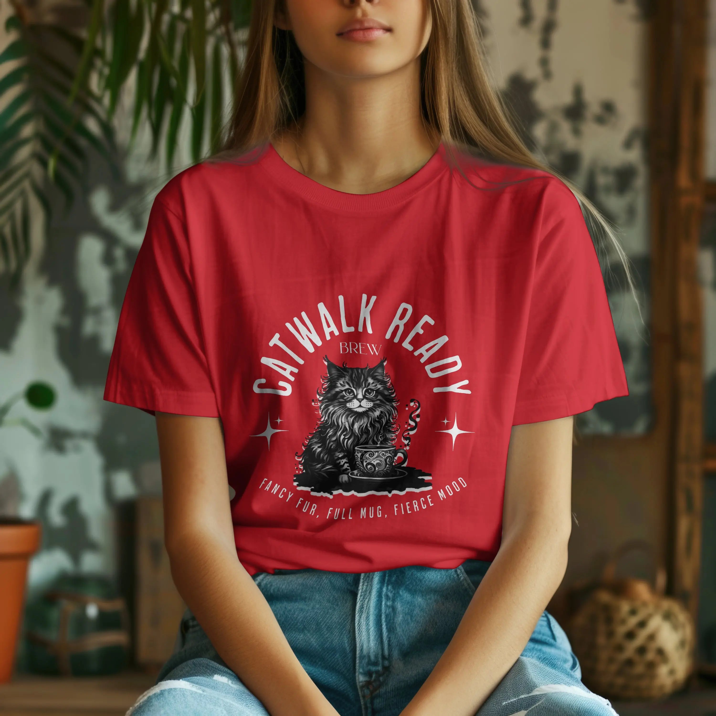 Elegant Cat Coffee T-Shirt – Catwalk Ready Brew, Fancy Fur, Full Mug, Fierce Mood Printify
