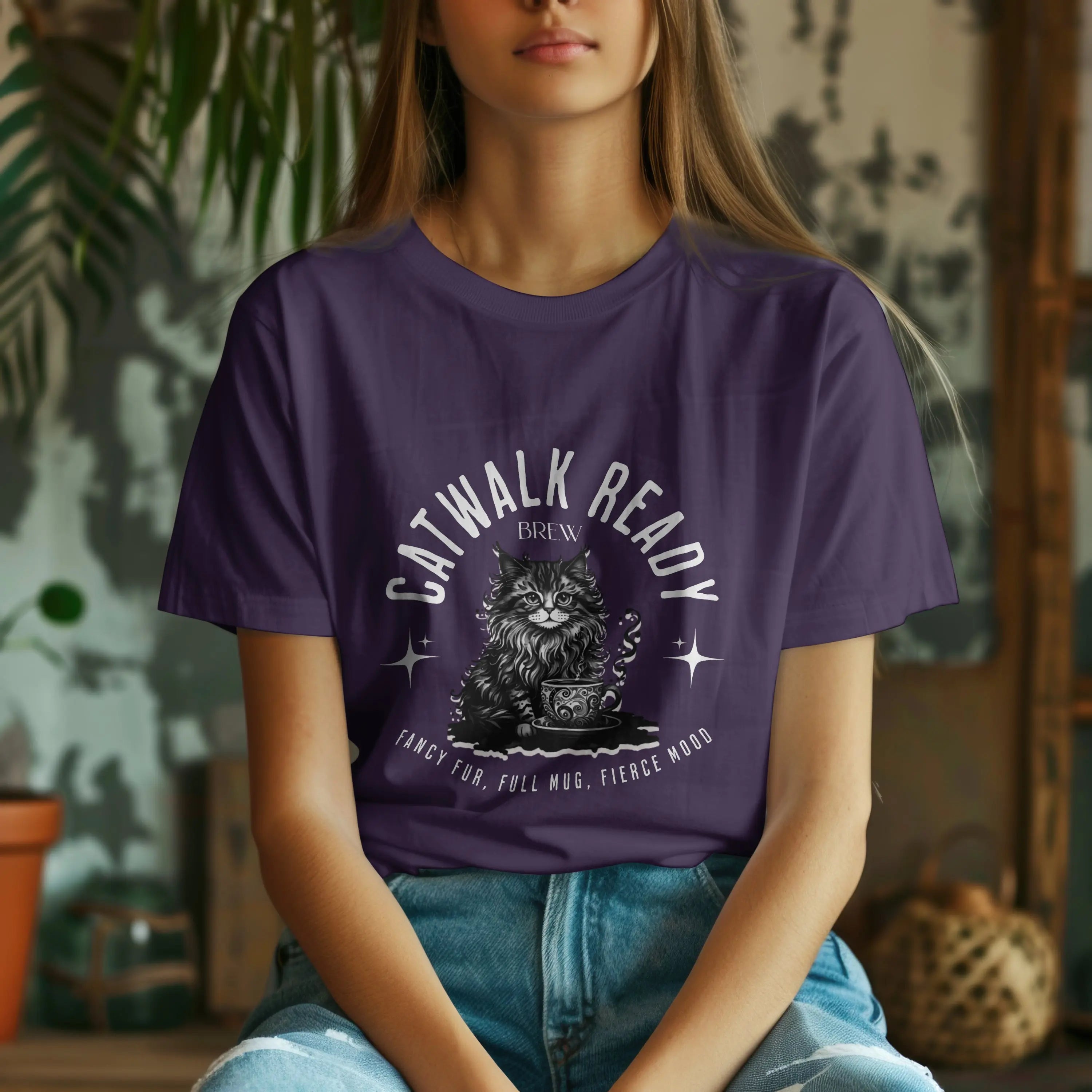 Elegant Cat Coffee T-Shirt – Catwalk Ready Brew, Fancy Fur, Full Mug, Fierce Mood Printify