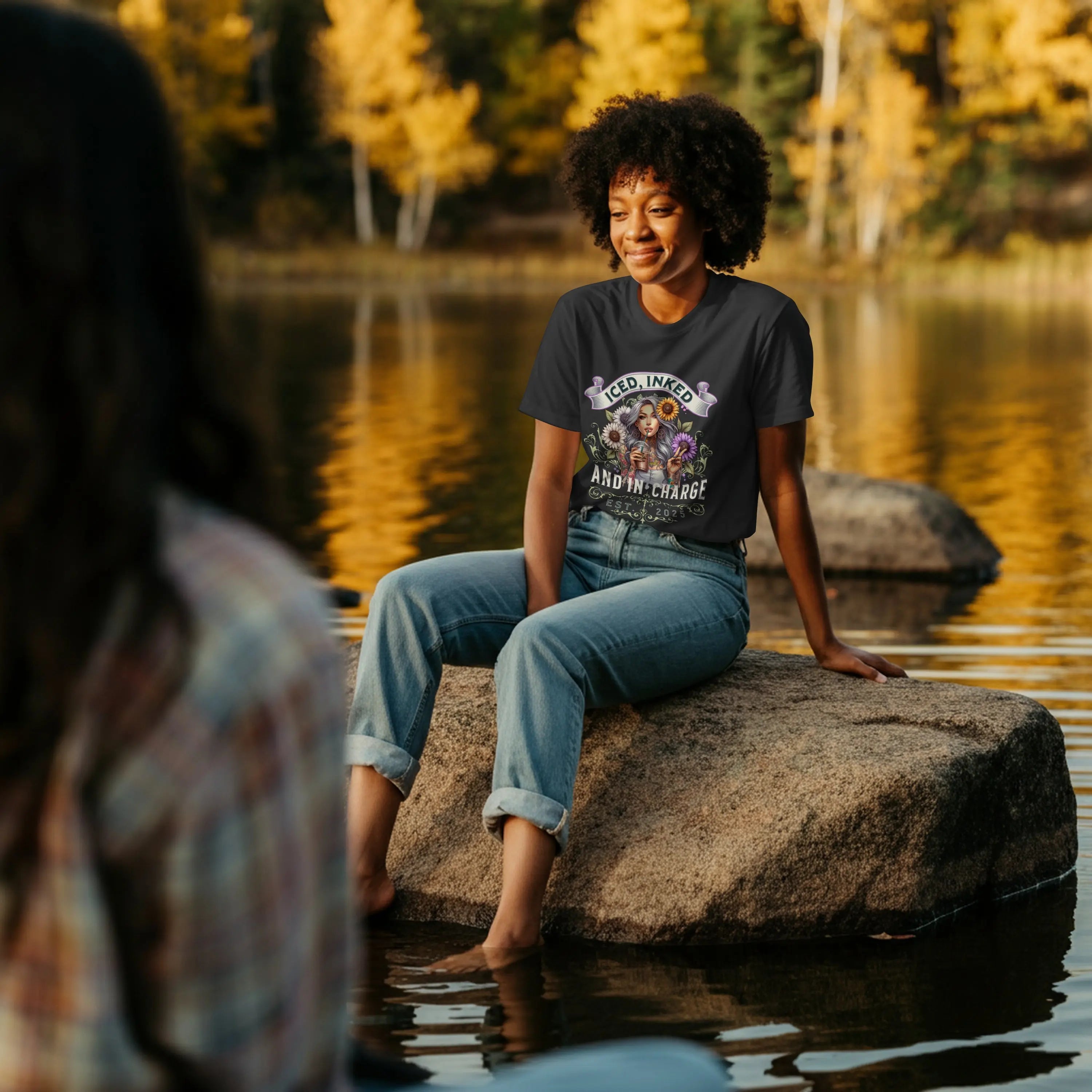 Iced, Inked, In Charge T-Shirt – Tattooed Woman with Iced Coffee & Sunflowers Printify