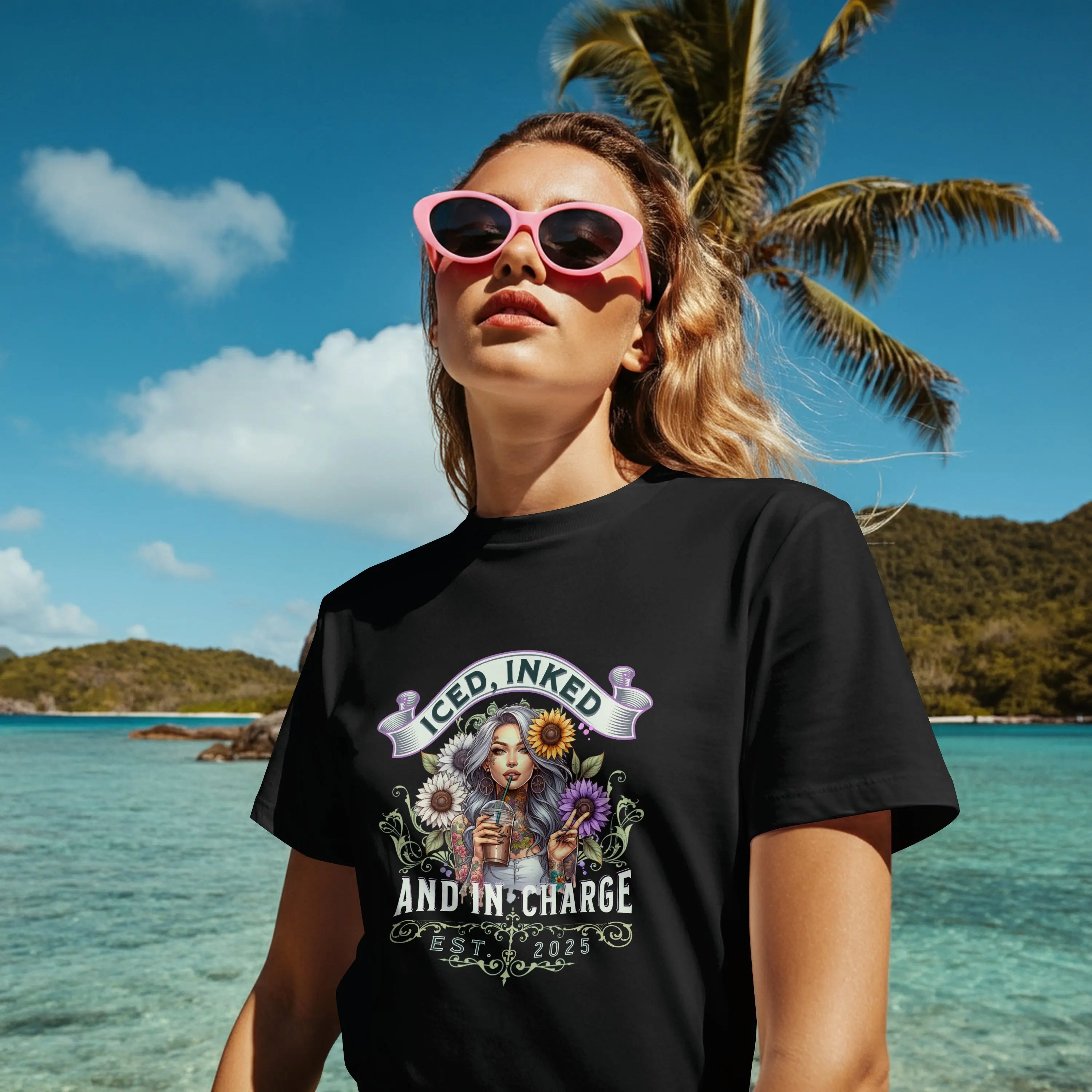 Iced, Inked, In Charge T-Shirt – Tattooed Woman with Iced Coffee & Sunflowers Printify