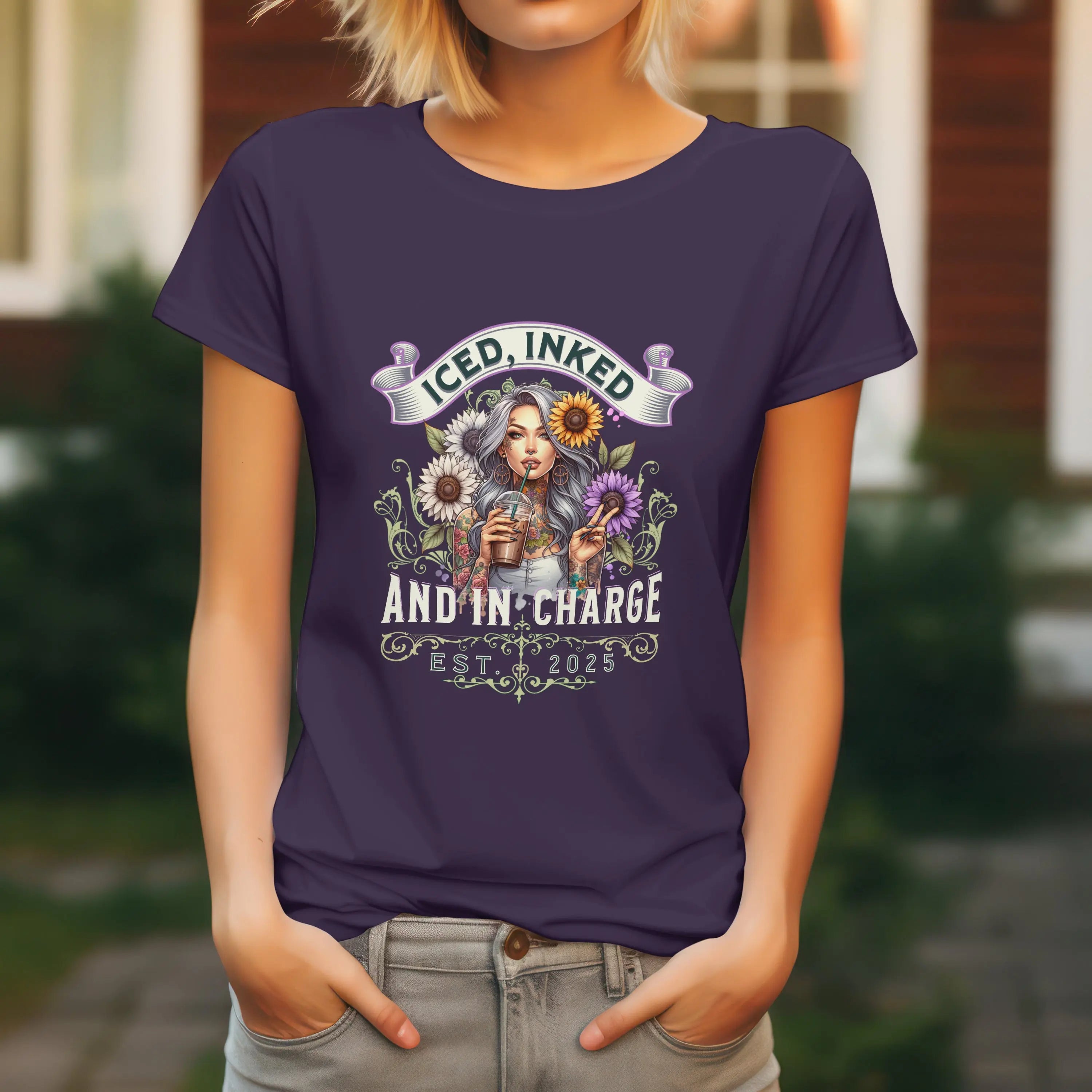 Iced, Inked, In Charge T-Shirt – Tattooed Woman with Iced Coffee & Sunflowers Printify