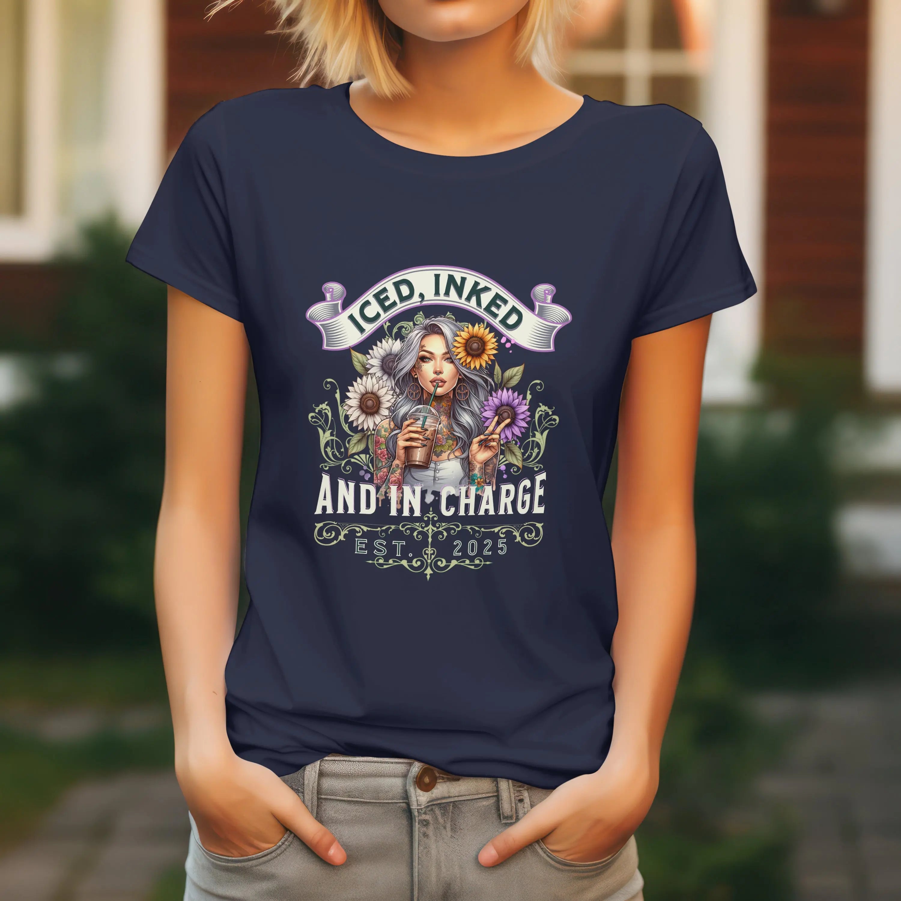 Iced, Inked, In Charge T-Shirt – Tattooed Woman with Iced Coffee & Sunflowers Printify