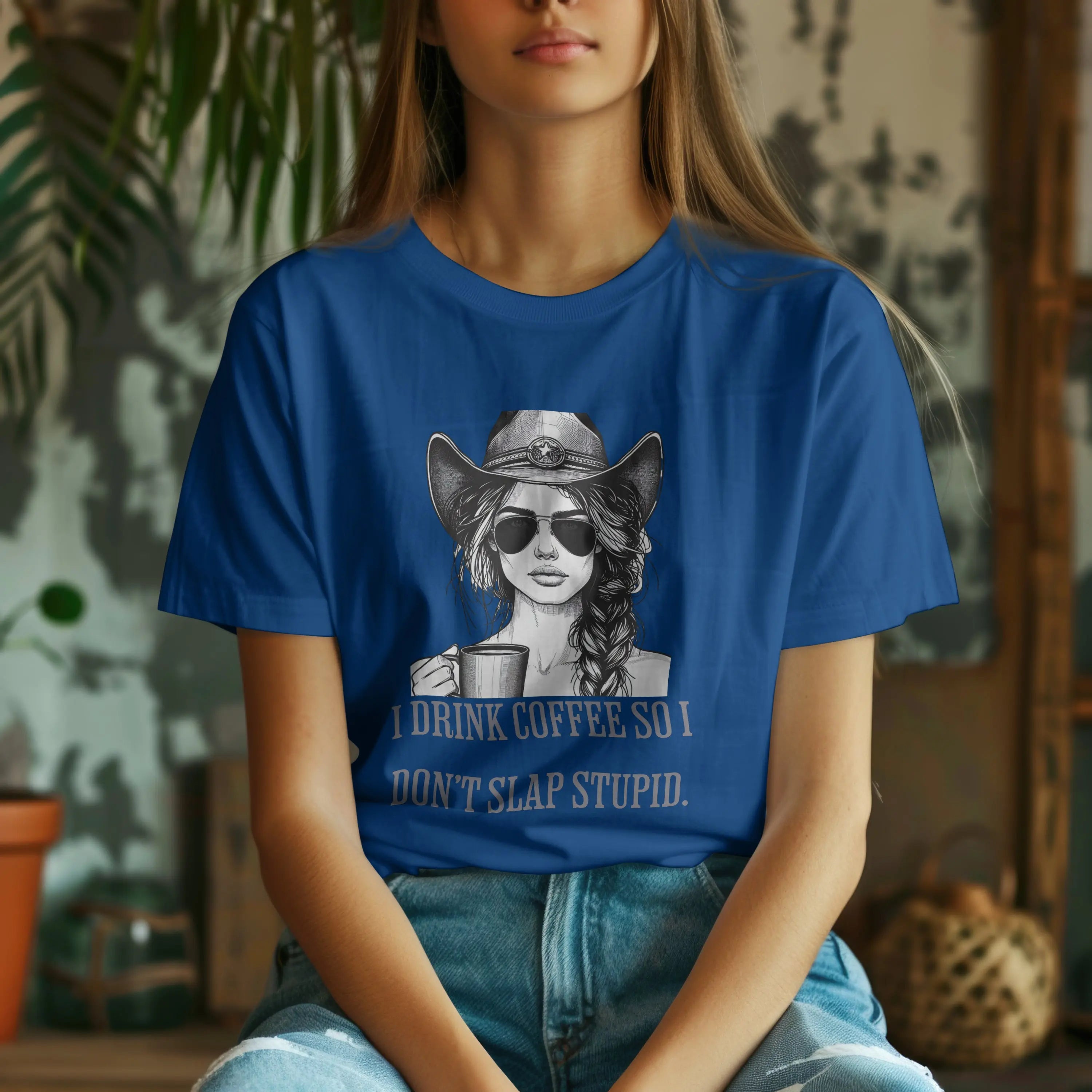 Cowgirl Coffee T-Shirt – I Drink Coffee So I Don’t Slap Stupid Funny Western Tee Printify