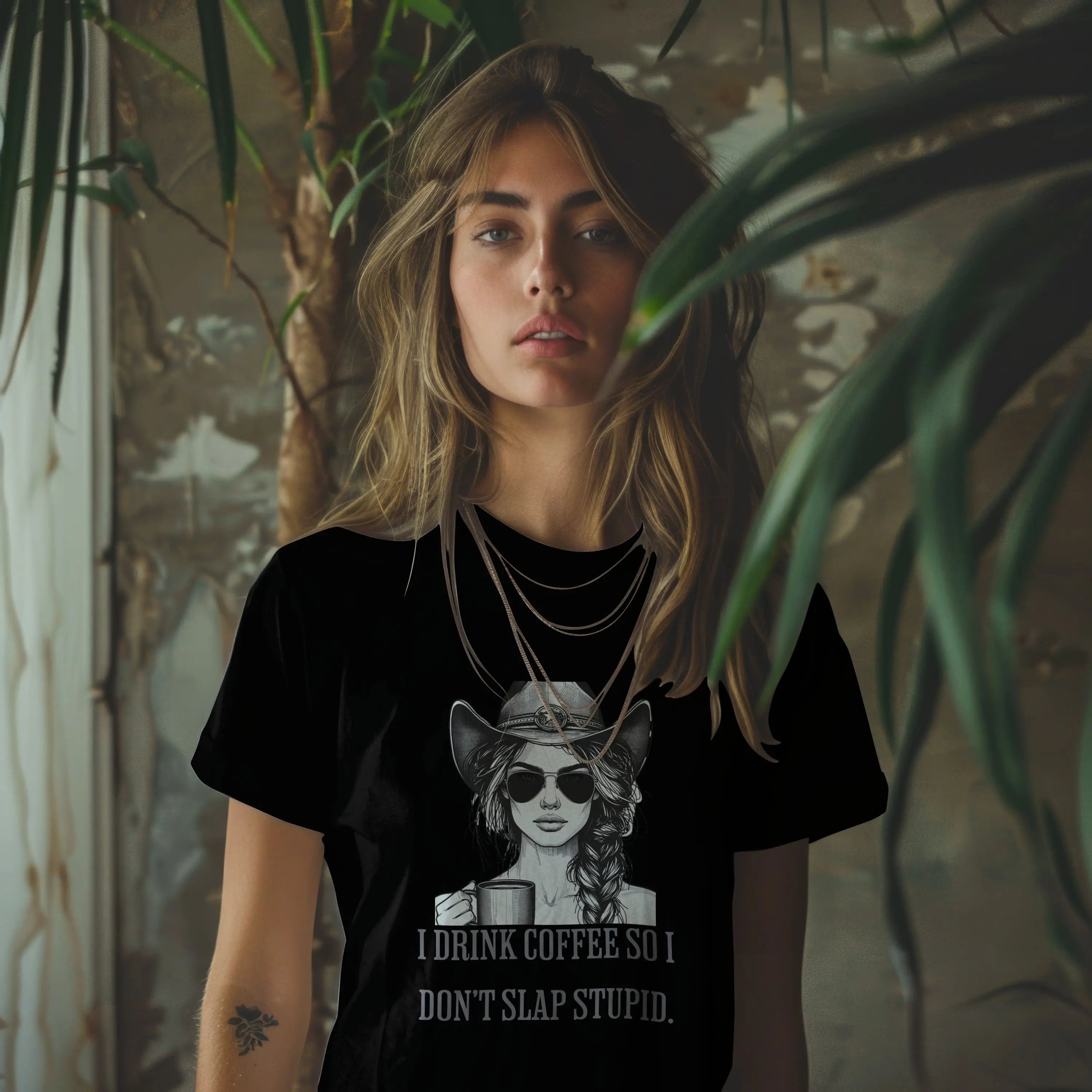 Cowgirl Coffee T-Shirt – I Drink Coffee So I Don’t Slap Stupid Funny Western Tee Printify