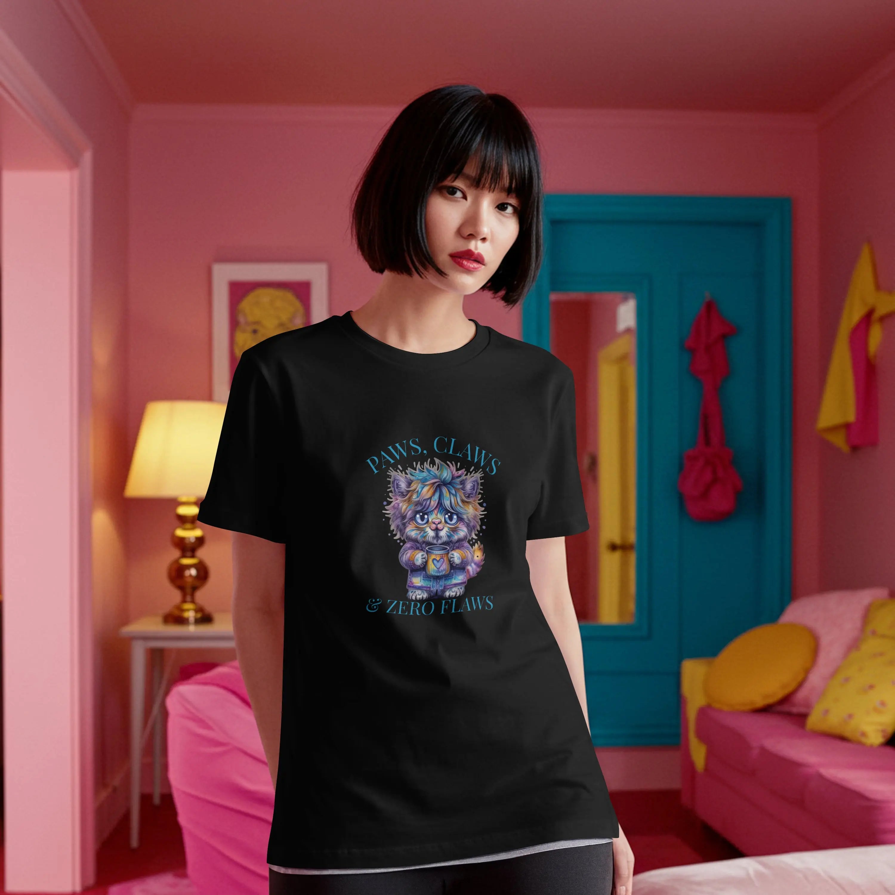 Fluffy Cat Coffee T-Shirt – Paws, Claws, and Zero Flaws Colorful Cat Tee Printify