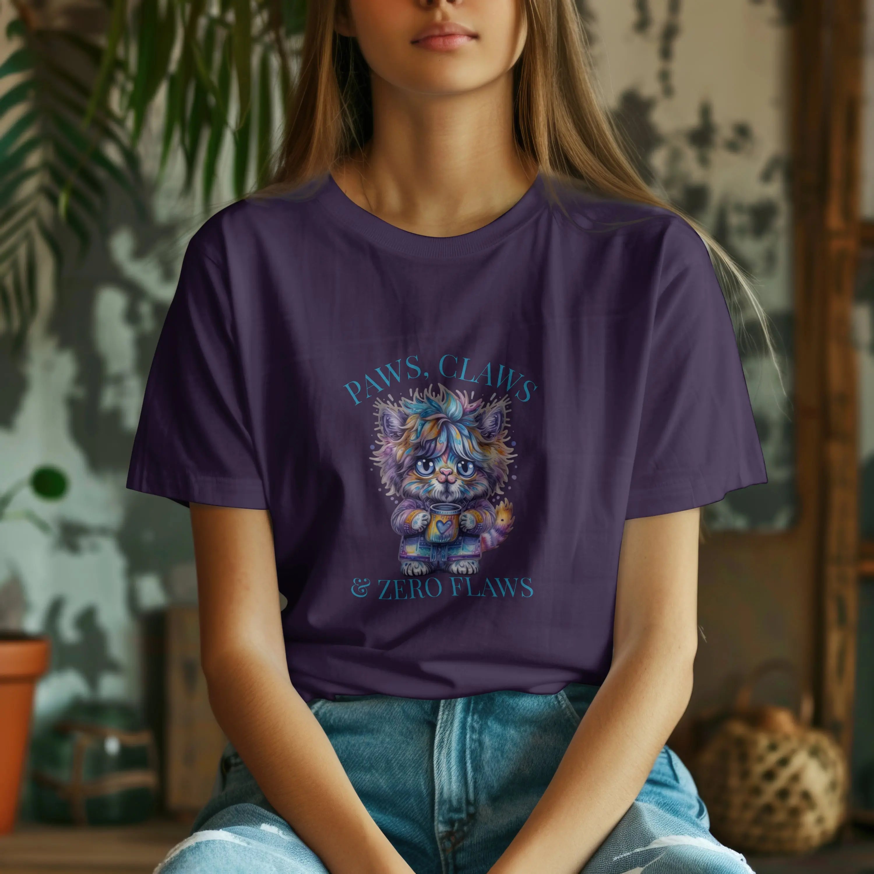 Fluffy Cat Coffee T-Shirt – Paws, Claws, and Zero Flaws Colorful Cat Tee Printify