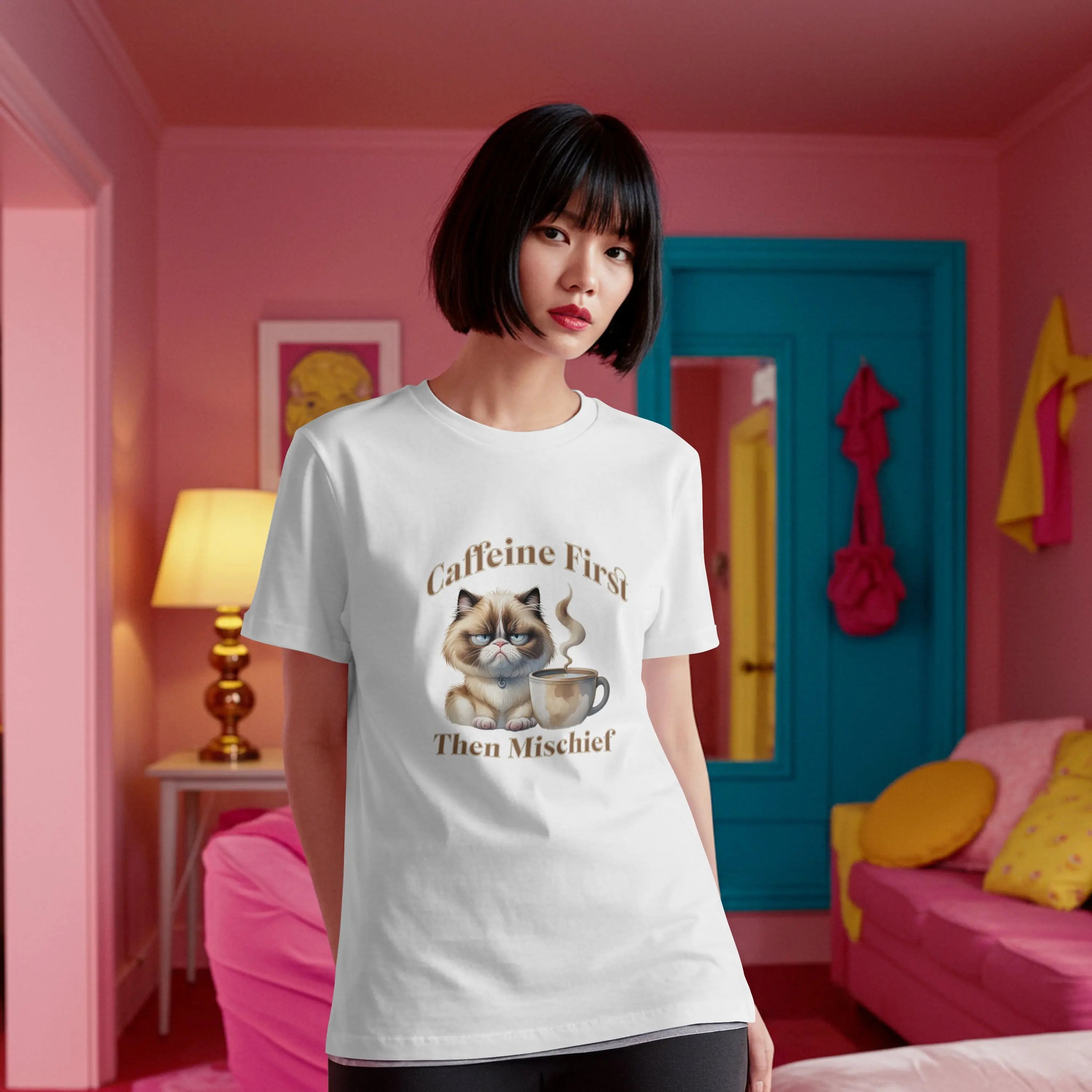 Caffeine First - Then Mischief Tee, Cat Coffee Tee, Cat Mischief T-shirt Printify