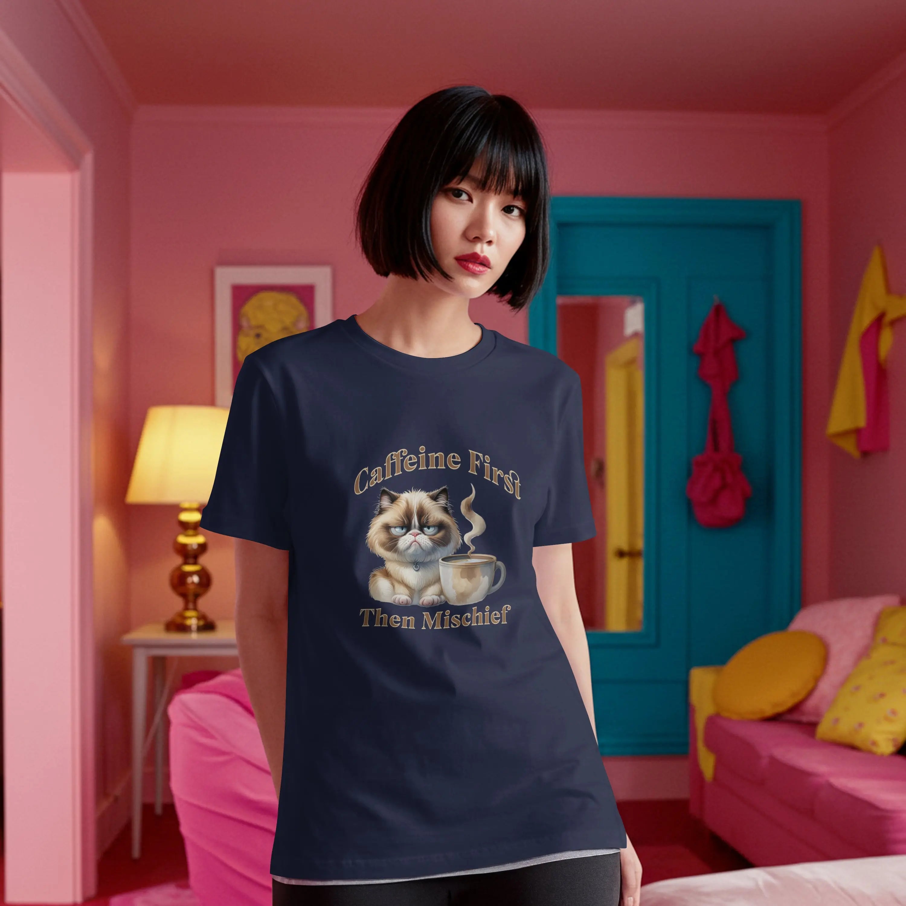 Caffeine First - Then Mischief Tee, Cat Coffee Tee, Cat Mischief T-shirt Printify