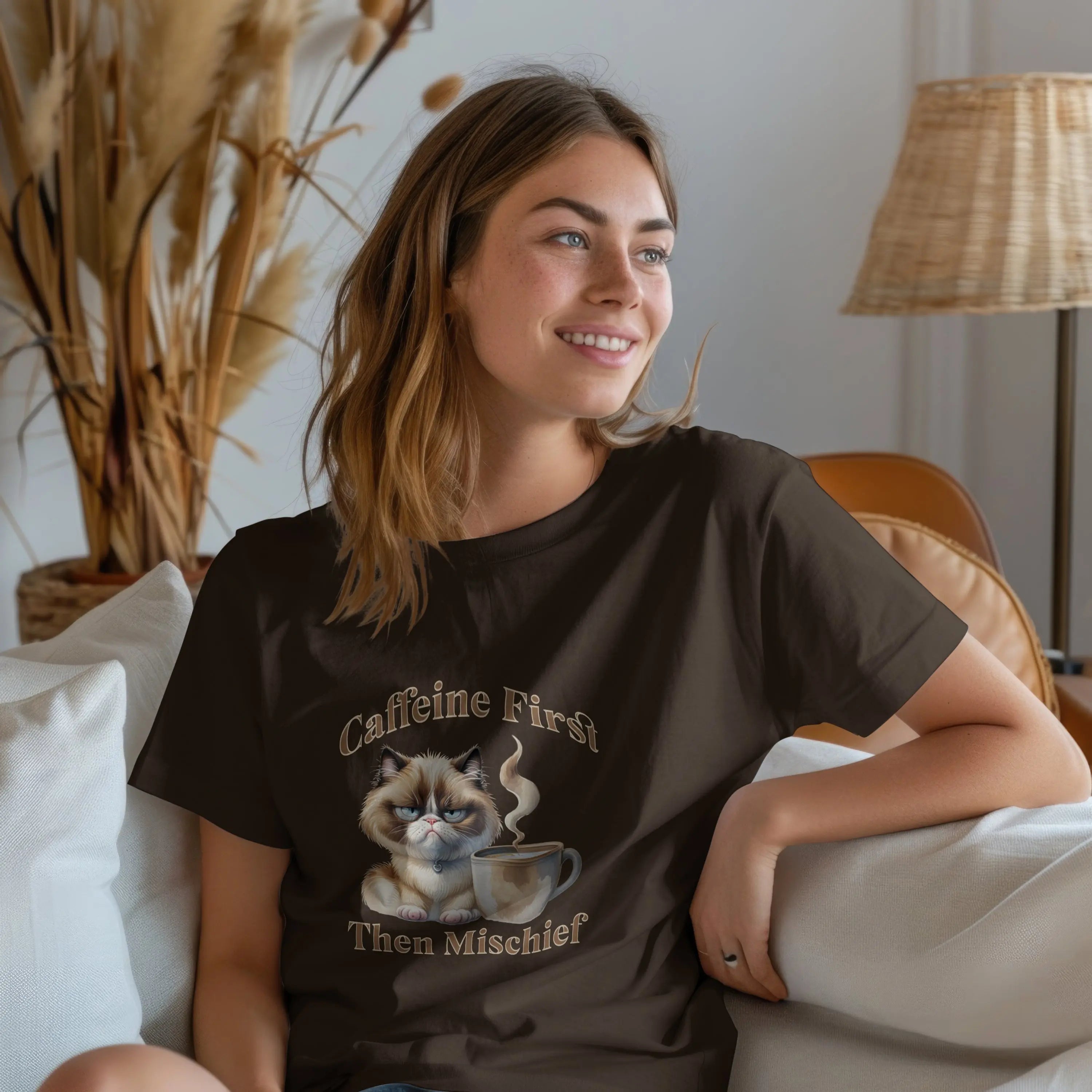 Caffeine First - Then Mischief Tee, Cat Coffee Tee, Cat Mischief T-shirt Printify